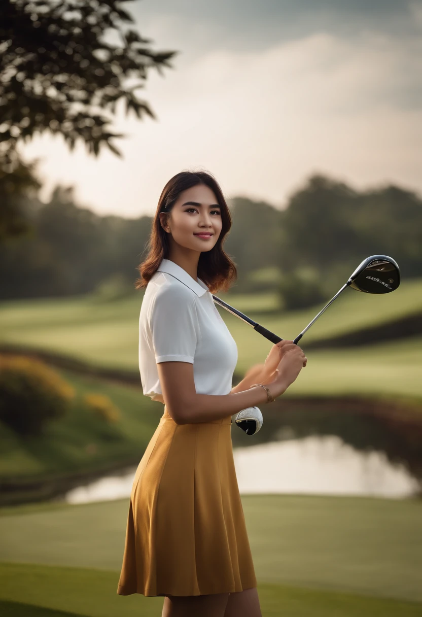 ((Best quality, 8k, Masterpiece :1.3)), indonesian girl, smiling, full body, slim face, 20 years old, Pretty girl, (Dark hair), casual Wear :1.1, Ultra-detailed face, Detailed eyes, Double eyelid, Golf course background, slim face, standing on the golf course, holding a golf club