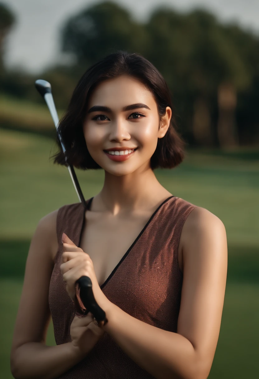 ((Best quality, 8k, Masterpiece :1.3)), indonesian girl, smiling, full body, slim face, 20 years old, Pretty girl, (Dark hair), casual Wear :1.1, Ultra-detailed face, Detailed eyes, Double eyelid, Golf course background, slim face, standing on the golf course, holding a golf club