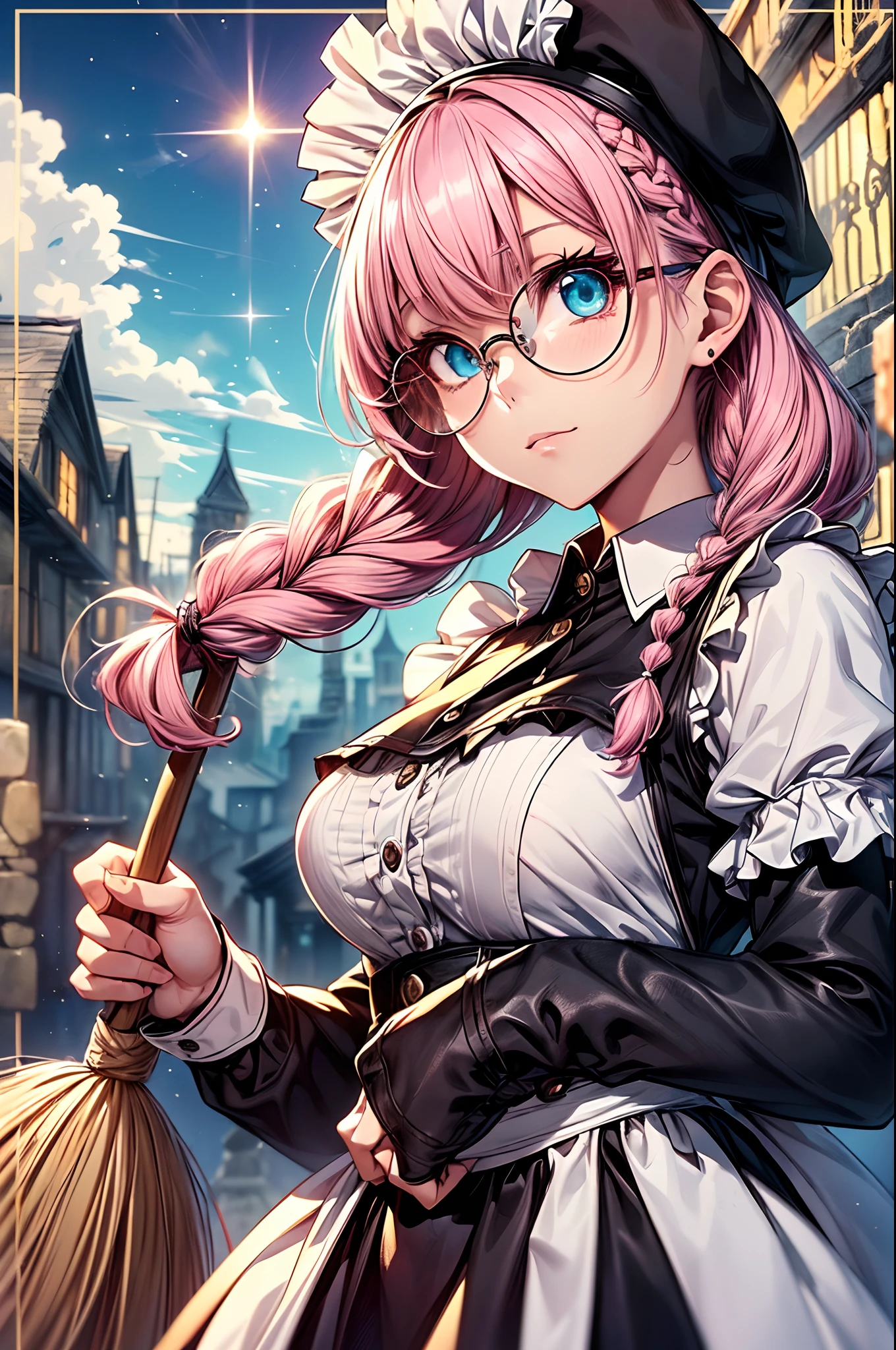 (masutepiece, Best Quality, 8K:1.37), Official art, (Fractal Art:1.3), Solo, ((maid clothes, Cuffs, Art Deco Cap, Pink hair, Blue Eye, Round glasses, double braids, Dozikko, Holding a broom:1.4)) ,Super dangerous girl, ((Holding a broom:1.2)), jrpg character art,Extreme close-up, Lolita, pudica pose, small curvy loli, detailed clothes, Front view, Character Focus, In the sky, cloud, Sunset, Colorful, Cinematic magic lighting, portal, Holy Light, Golden particles, llight rays,((The background is a detailed ancient city:1.2))