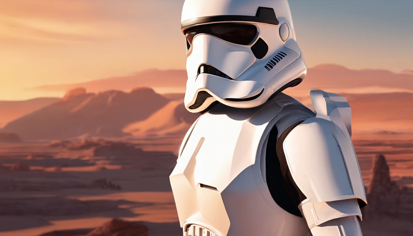 Medium shot of a female Imperial stormtrooper against the backdrop of the desert, based on concept art by Magalie Villeneuve, trending on cg society, AB """Star Wars"": The Old Republic", influenced by Ralph McQuarrie's concept art. The stormtrooper has a strong and confident expression on his face, emphasizing detailed facial features, such as beautiful detailed eyes, detailed lips, and extremely detailed eyes and face. She is dressed in the traditional white armor of a stormtrooper, With a sleek and futuristic design. Combining illustration elements, 3D Rendering, and photography, The result is a visually stunning and immersive piece. The colors and lighting are bright and dynamic, Enhancing the overall atmosphere of the artwork. Image quality is paramount, With the best quality, 4K or 8K resolution, hight resolution, And a masterpiece:1.2, which makes it a true masterpiece in terms of quality and detail.