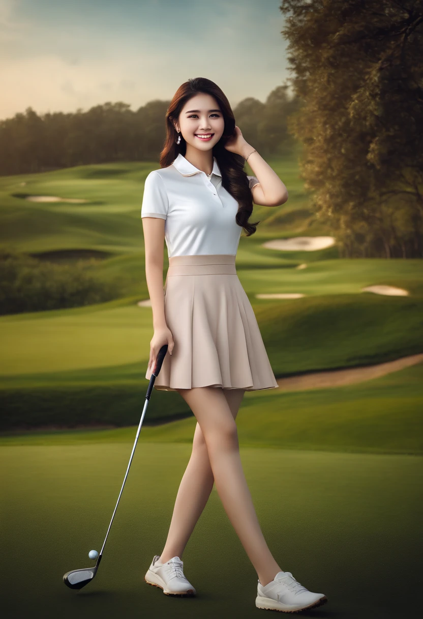 ((Best quality, 8k, Masterpiece :1.3)), indonesian girl, smiling, full body, slim face, 20 years old, Pretty girl, (Dark hair), casual Wear :1.1, Ultra-detailed face, Detailed eyes, Double eyelid, Golf course background, slim face, standing on the golf course, holding a golf club