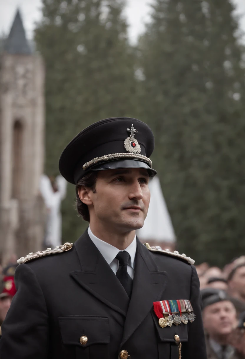 Justin Trudeau standing infront of a Nazi podium wearing an SS soldier uniform with his arm up straight saying "hail Hitler"