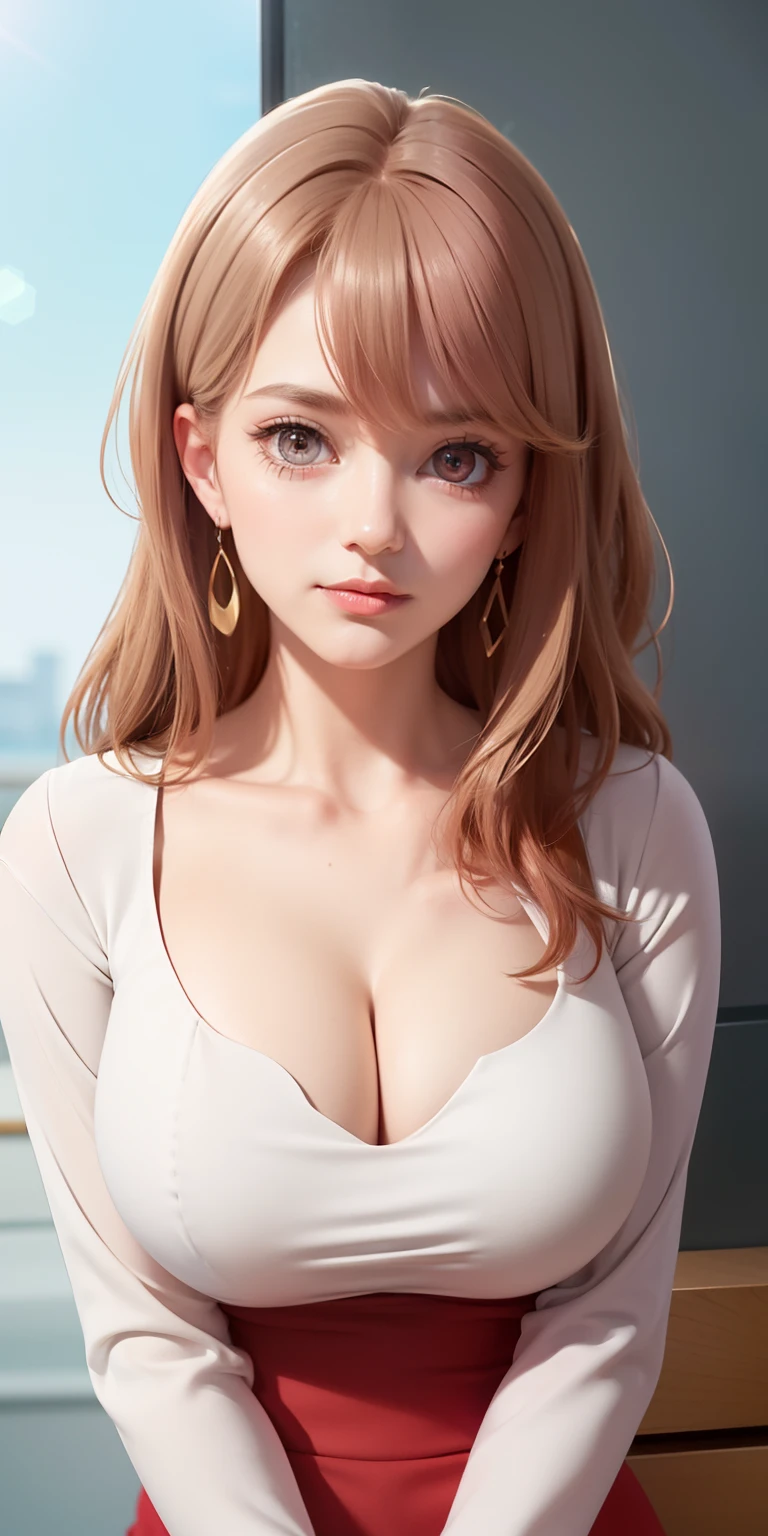 Simple White Background,
(White_jacket),(red_dress),(Deep_cleavage), long_sleeves,jewelry,collarbone, earrings,open_clothes,
pink eyes,light_brown hair,eyebrows_visible_through_hair,bangs,
1 girl, 20yo,Young female,Beautiful Finger,Beautiful long legs,Beautiful body,Beautiful Nose,Beautiful character design, perfect eyes, perfect face,expressive eyes,perfect balance,
looking at viewer,(Focus on her face),closed mouth, (innocent_big_eyes:1.0),Light_Smile,
official art,extremely detailed CG unity 8k wallpaper, perfect lighting,Colorful, Bright_Front_face_Lighting,shiny skin, 
(masterpiece:1.0),(best_quality:1.0), ultra high res,4K,ultra-detailed,
photography, 8K, HDR, highres, absurdres:1.2, Kodak portra 400, film grain, blurry background, bokeh:1.2, lens flare, (vibrant_color:1.2),professional photograph, 
(Beautiful,large_Breasts:1.4), (beautiful_face:1.5),(narrow_waist),