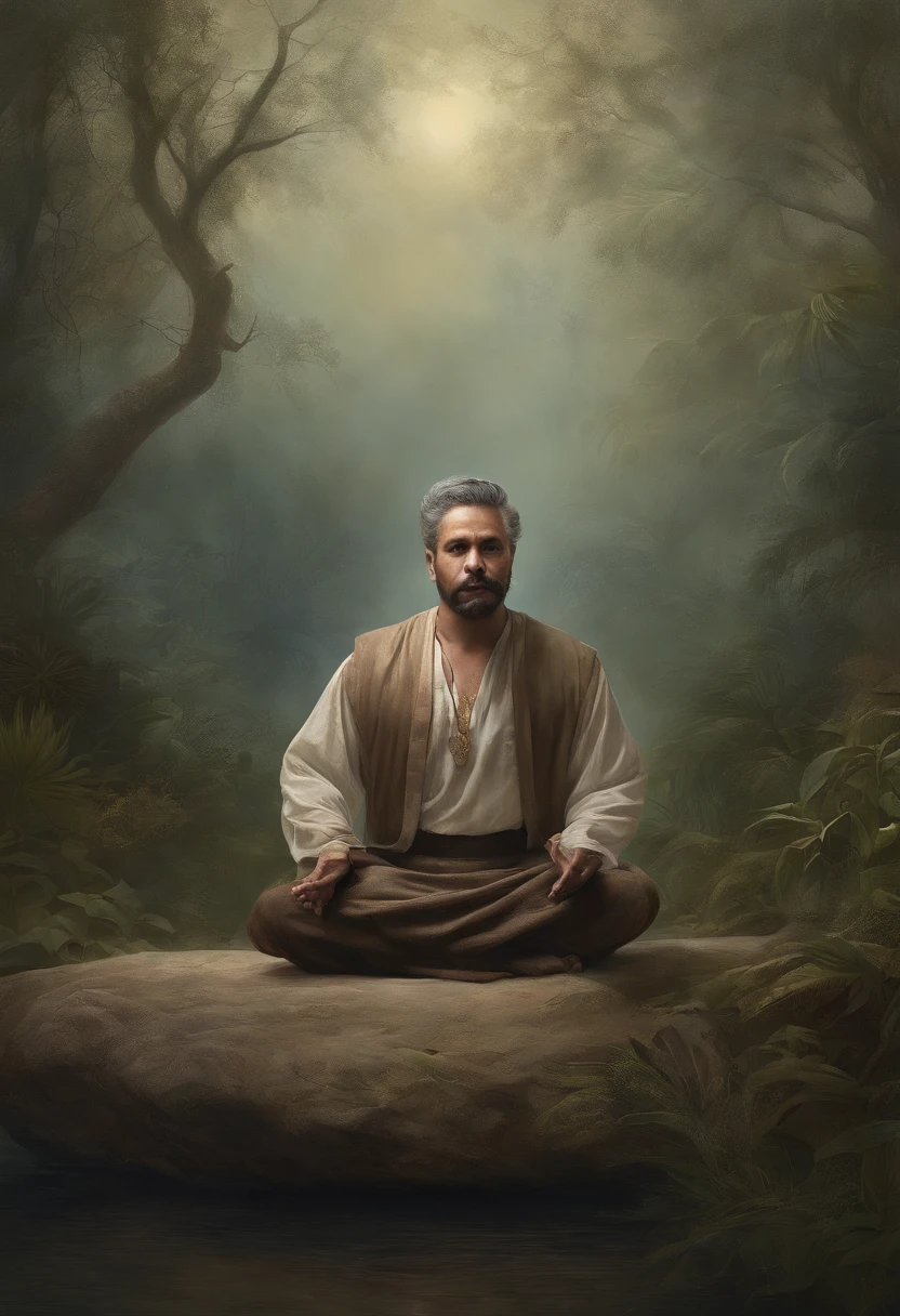 homem maduro, sitting in a meditation position, diante de um orisonte lindo, com o sol se pondo, in connection with the divine, foto de retrato, Directed by: Drew Tucker, Directed by: Adam Marczyński, Directed by: Alexander Kucharsky, Directed by: Gavin Nolan, Surrealismo 8K, Directed by: Jason Felix, Yuri Shwedoff e Tom Bagshaw, arte ilustrativa, Estilo Erik Johansson