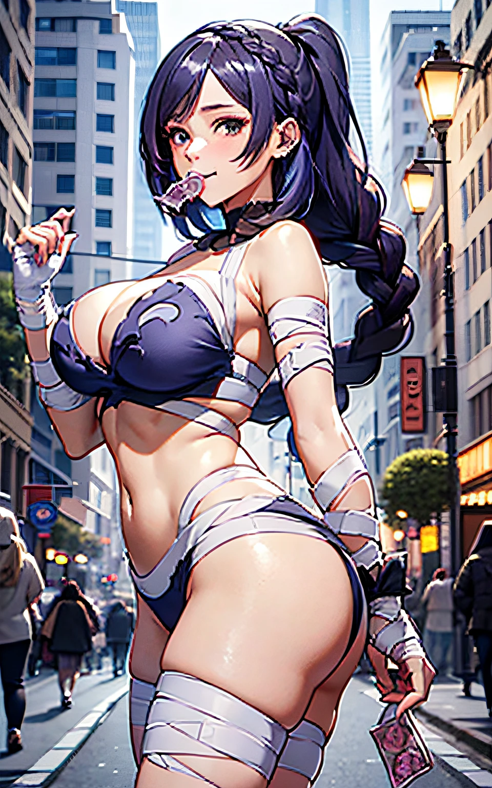 16K Best Quality, of the highest quality, super detailed, masutepiece, mummy costume, Bewitching smile、condom in mouth、Arm bandage, chest bandage, Bandage on the buttocks,Condoms are wrapped around after use.、Bandage condom thigh bandage,Beautiful woman with long blue hair, She has a big braid in her hair. Red Eyes, ultra gigantic tits, Super big ass, Big thighs, The background is the night sidewalk of the city crowded with Halloween parties