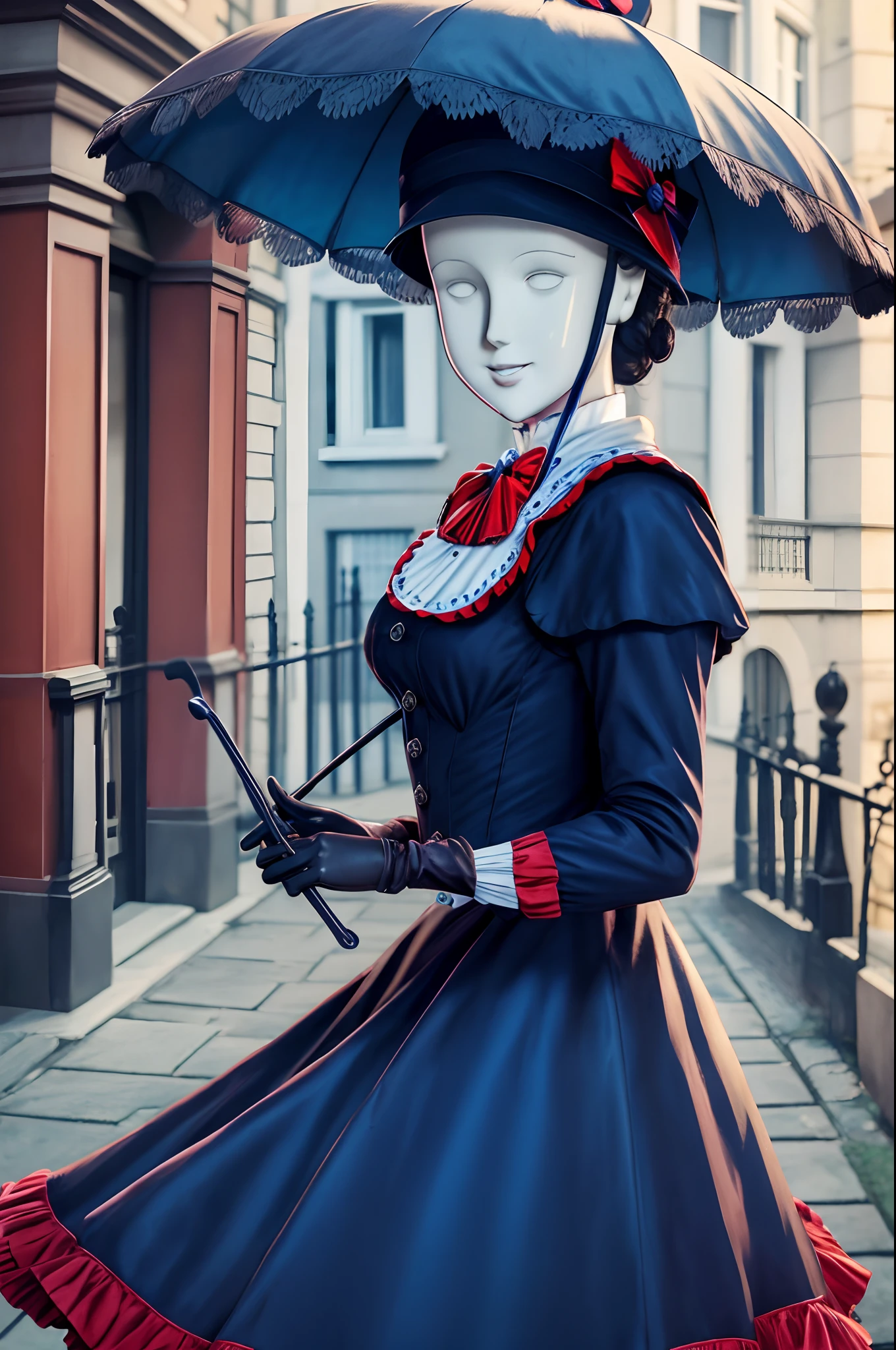 best quality, photo, highres, mary poppins, frills, dress, parasol, gloves, smile, mannequin