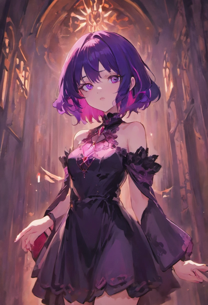Beautiful vampire female, pale skin, black and purple hair, black and purple dress, trending on Artstation, by ilya kuvshinov, by guweiz, by ross tran