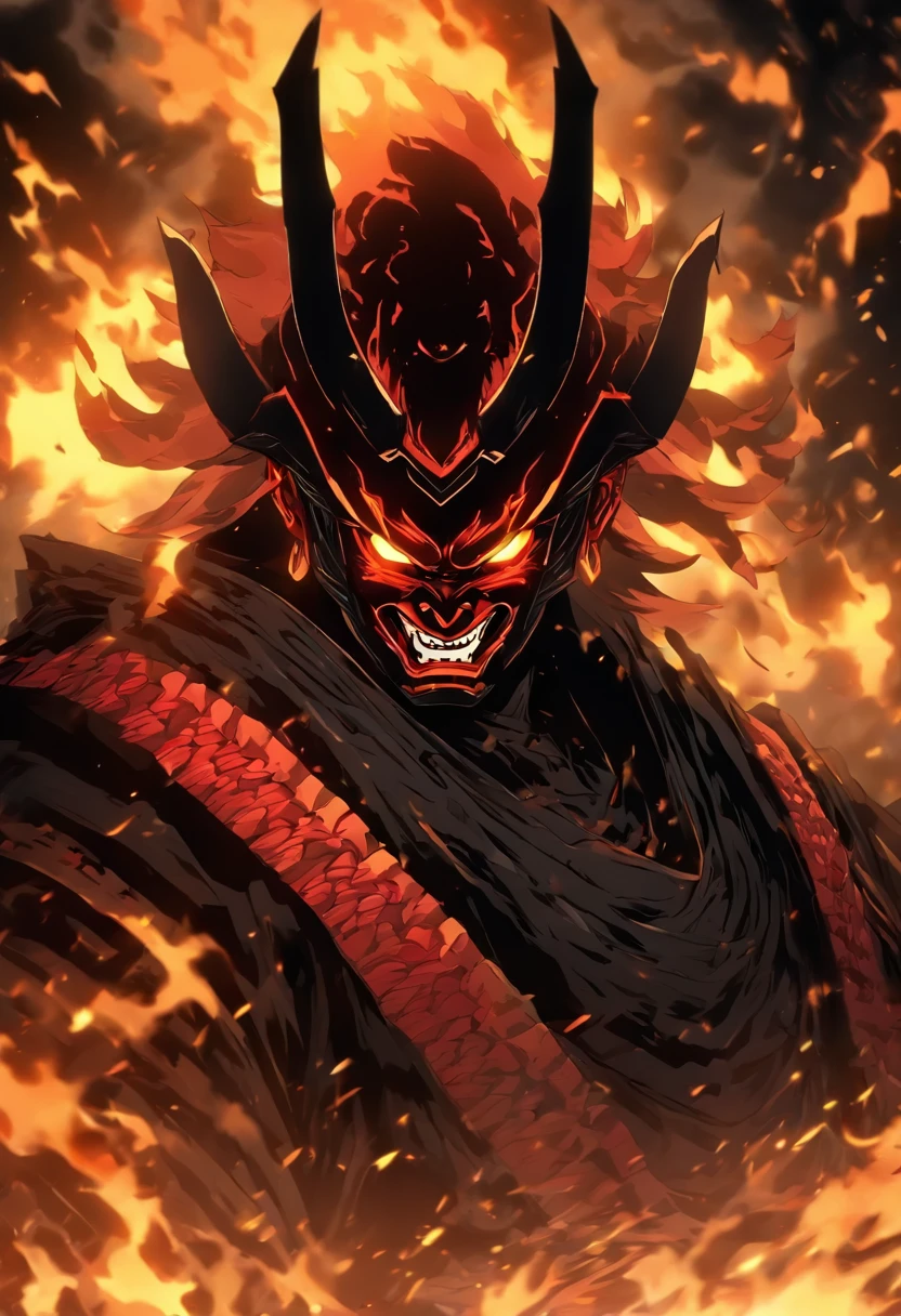 In the heart of a desolate battlefield, cloaked in the essence of darkness, stands a formidable figure. A shadow demon shogun, adorned in impenetrable armor, exudes an aura of malevolence. His helmet, forged from ebony steel, conceals his visage, leaving only his piercing eyes visible, burning with an unholy fire. Yet, it is the noir black oni mask that truly captures one's attention. Crafted with meticulous detail, the mask embodies the essence of fear itself, its grotesque features contorted into a sinister grin. In battle stance, the shogun stands tall, a harbinger of destruction, his black sword ready to be unsheathed. Every fiber of his being radiates raw power and ancient fury. Shadows dance menacingly around him, amplifying his ethereal presence. This enigmatic creature, caught in a timeless struggle of light versus darkness, awaits the moment when he will unleash his wrath upon all who dare to challenge his dominance.