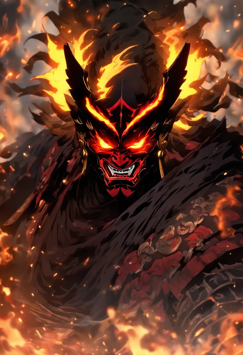 In the heart of a desolate battlefield, cloaked in the essence of darkness, stands a formidable figure. A shadow demon shogun, adorned in impenetrable armor, exudes an aura of malevolence. His helmet, forged from ebony steel, conceals his visage, leaving only his piercing eyes visible, burning with an unholy fire. Yet, it is the noir black oni mask that truly captures one's attention. Crafted with meticulous detail, the mask embodies the essence of fear itself, its grotesque features contorted into a sinister grin. In battle stance, the shogun stands tall, a harbinger of destruction, his black sword ready to be unsheathed. Every fiber of his being radiates raw power and ancient fury. Shadows dance menacingly around him, amplifying his ethereal presence. This enigmatic creature, caught in a timeless struggle of light versus darkness, awaits the moment when he will unleash his wrath upon all who dare to challenge his dominance.