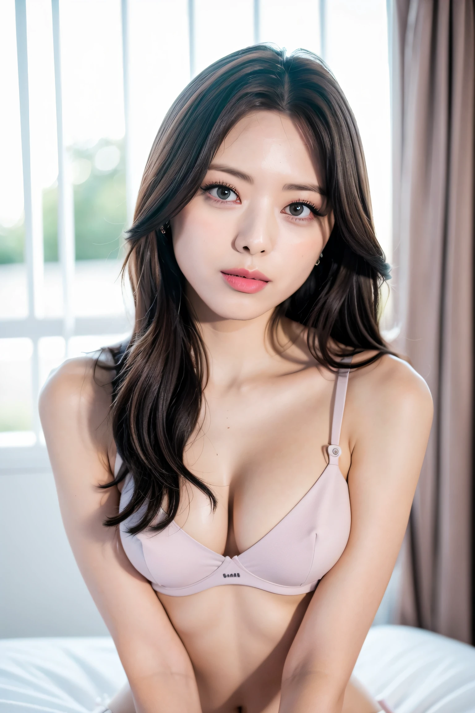 best quality, photorealistic, 8k, high res, 1girl, woman, ite body, small breasts, sitting on the bed, laced pink bra and panty, eyes looking at viewer, long black hair, photorealistic, full body shot