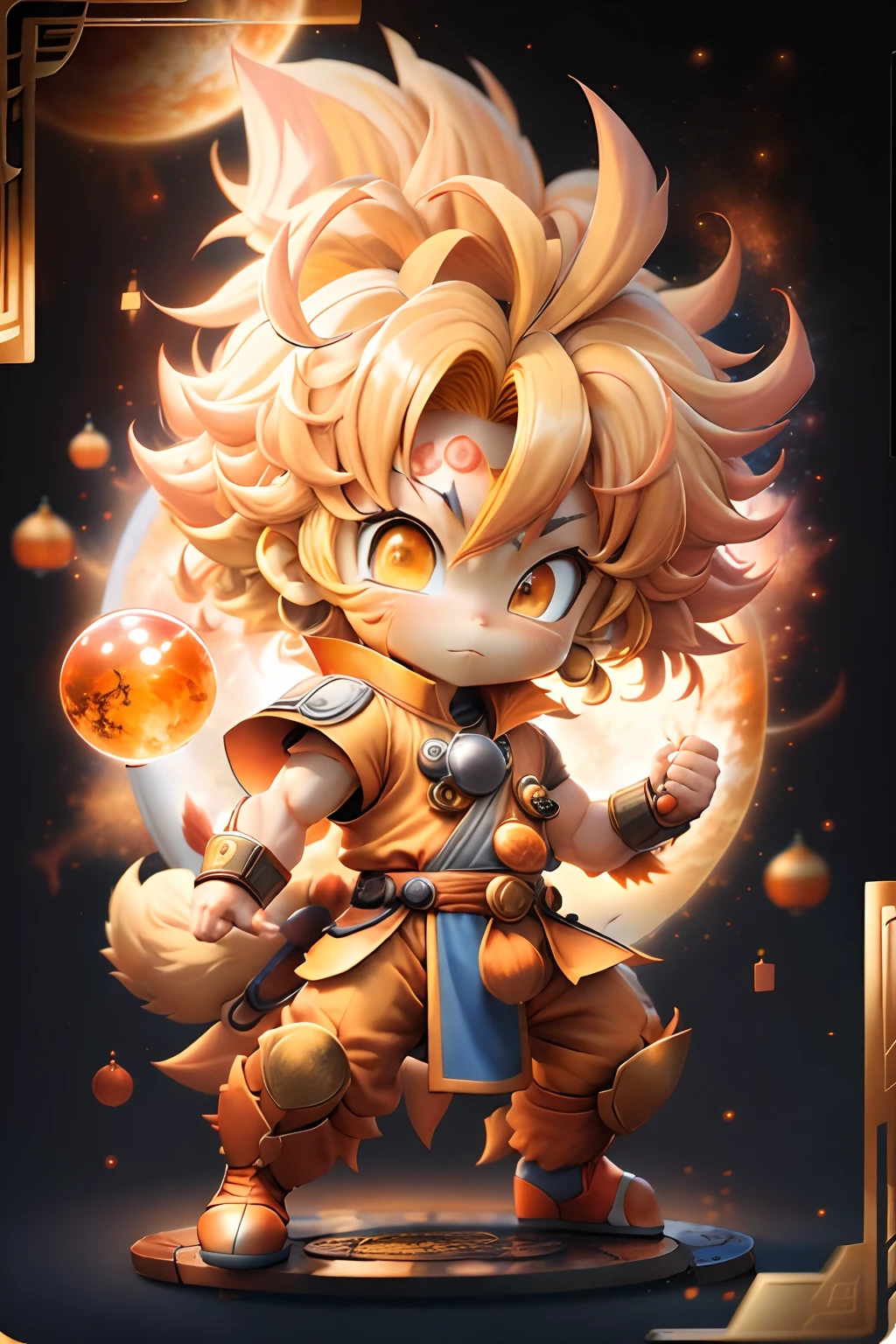 Sun Wukong, Super Saiyan, Yellow hair, Chibi, Blue shirt, Looking at Viewer, Card Background, Galaxy, Wearing an orange martial arts costume