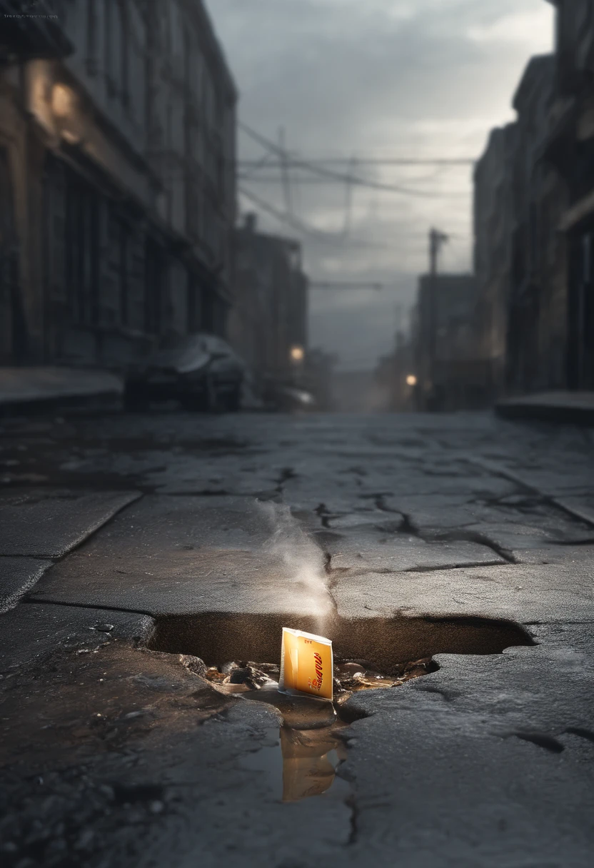 Create a stunning, raw photorealistic 16k image depicting an extreme close up shot, ground level view of an empty cigarette pack floating on a street drain on a rainy day, lighting should be dramatic, with realistic shadows and reflections,