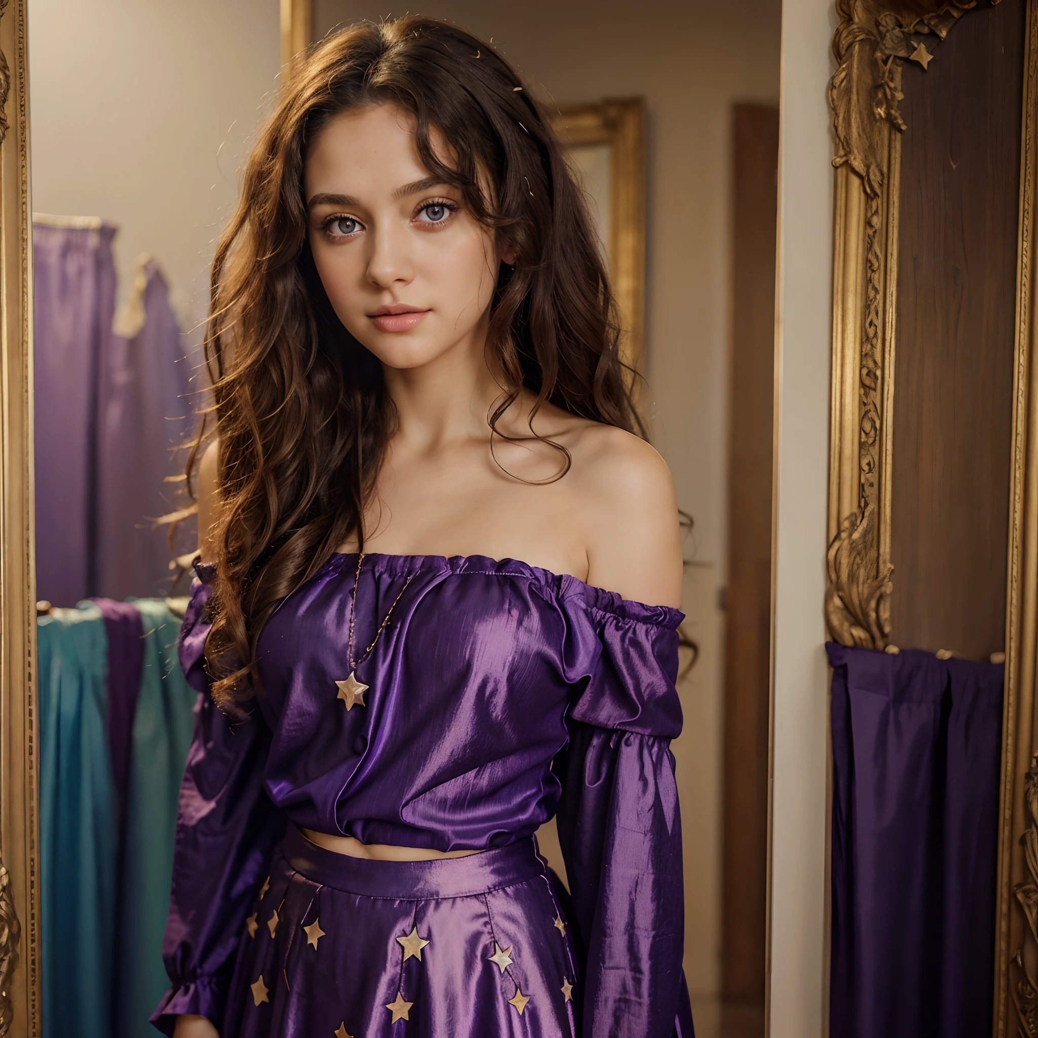 A girl with curly hair and long hair is standing in a detailed background. She has beautiful purple eyes with a star shining in one of her eyes. She is wearing an off-shoulder blouse and a long skirt. The image is created in an oil painting style with vibrant colors and a soft lighting effect. (best quality, masterpiece:1.2)