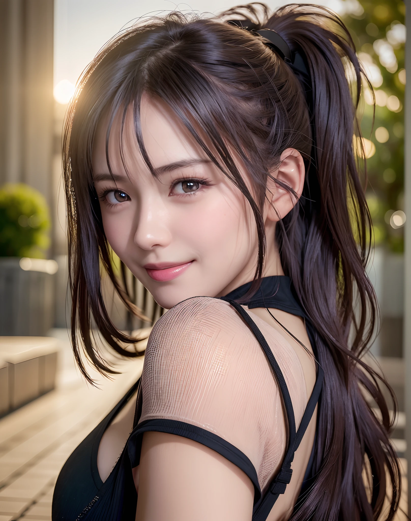 Best Quality, Ultra high definition, (Photorealistic:1.4),Sunset light, Ponytail, detailed photo, Smiling, Sexy, Black shirt, Facing Camera, (masutepiece: 1.3), (8K, Photorealistic, Best Quality), (1girl in), Beautiful face, (Realistic face), (Black hair, ...