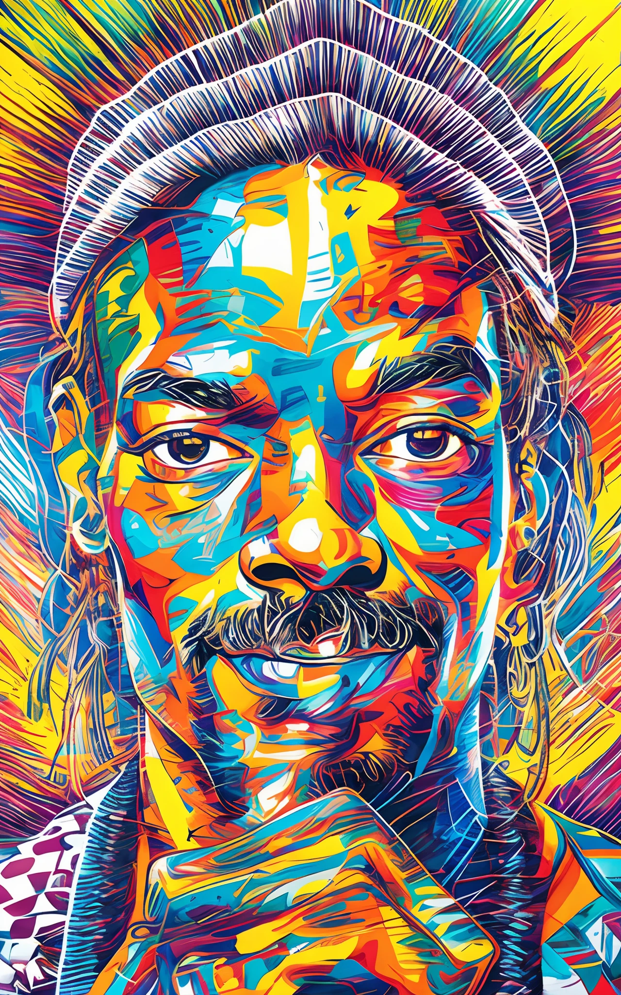 uma pintura de um homem com um rosto colorido e um colar de RAPPER, Retrato de Snoop Dogg, arte colorida do filme, ROMERO BRITO, EDUARDO KOBRA, vibrant fan art, Snoop dogg, Snoop Dogg RAPPER, arte raggae, Snoop Dogg como RAPPER, psychedelic hip-hop, arte vibrante dos desenhos animados, Arte deslumbrante, hiper-realismo colorido, Retrato CMYK, psychedelic hip hop 64k