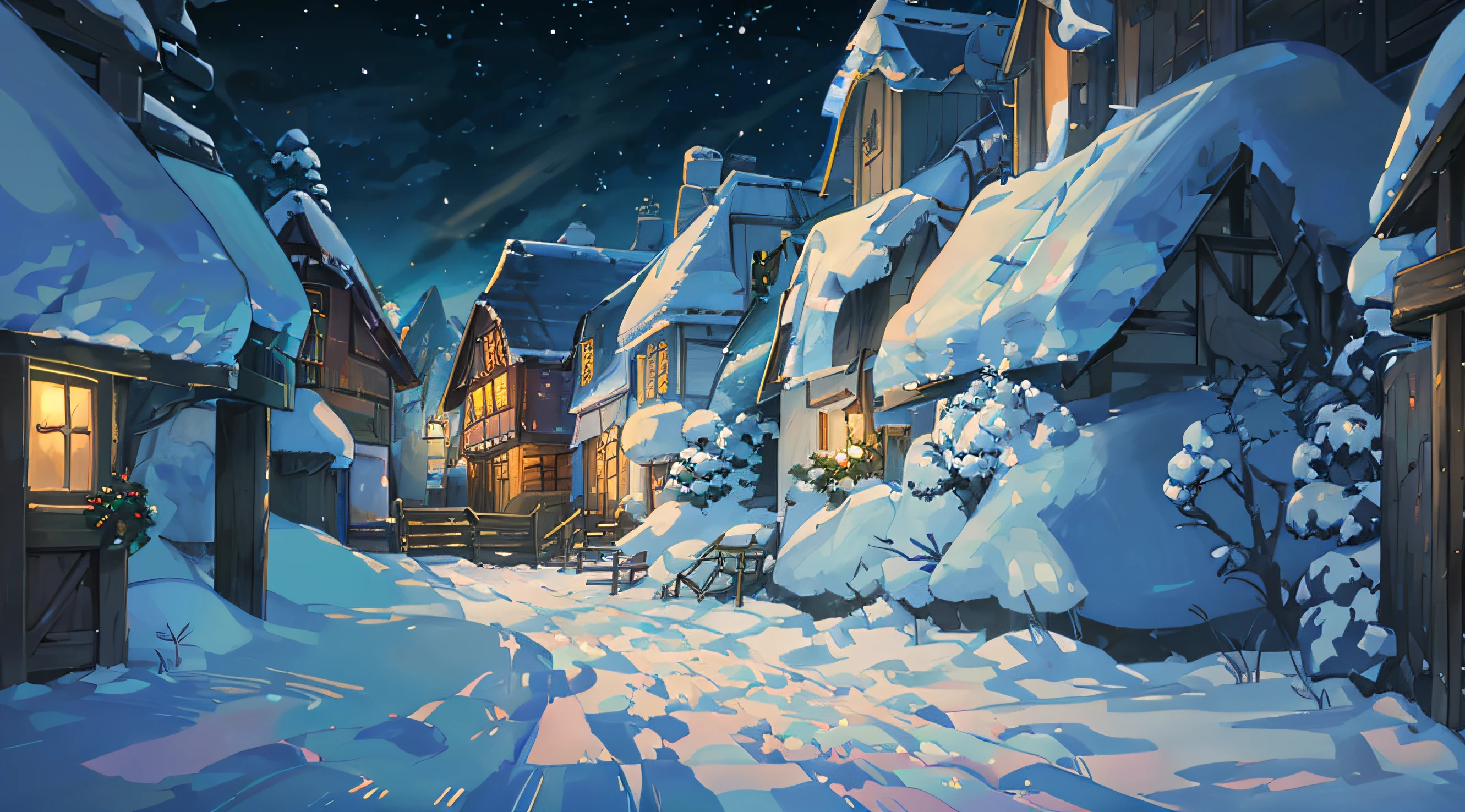 snow, snowing, undertale, village, small village, cozy, dark sky, lights illuminating from windows, christmas lights, (illustration: 1.0), epic composition, realistic lighting, HD details, masterpiece, best quality, (very detailed CG unified 8k wallpaper)