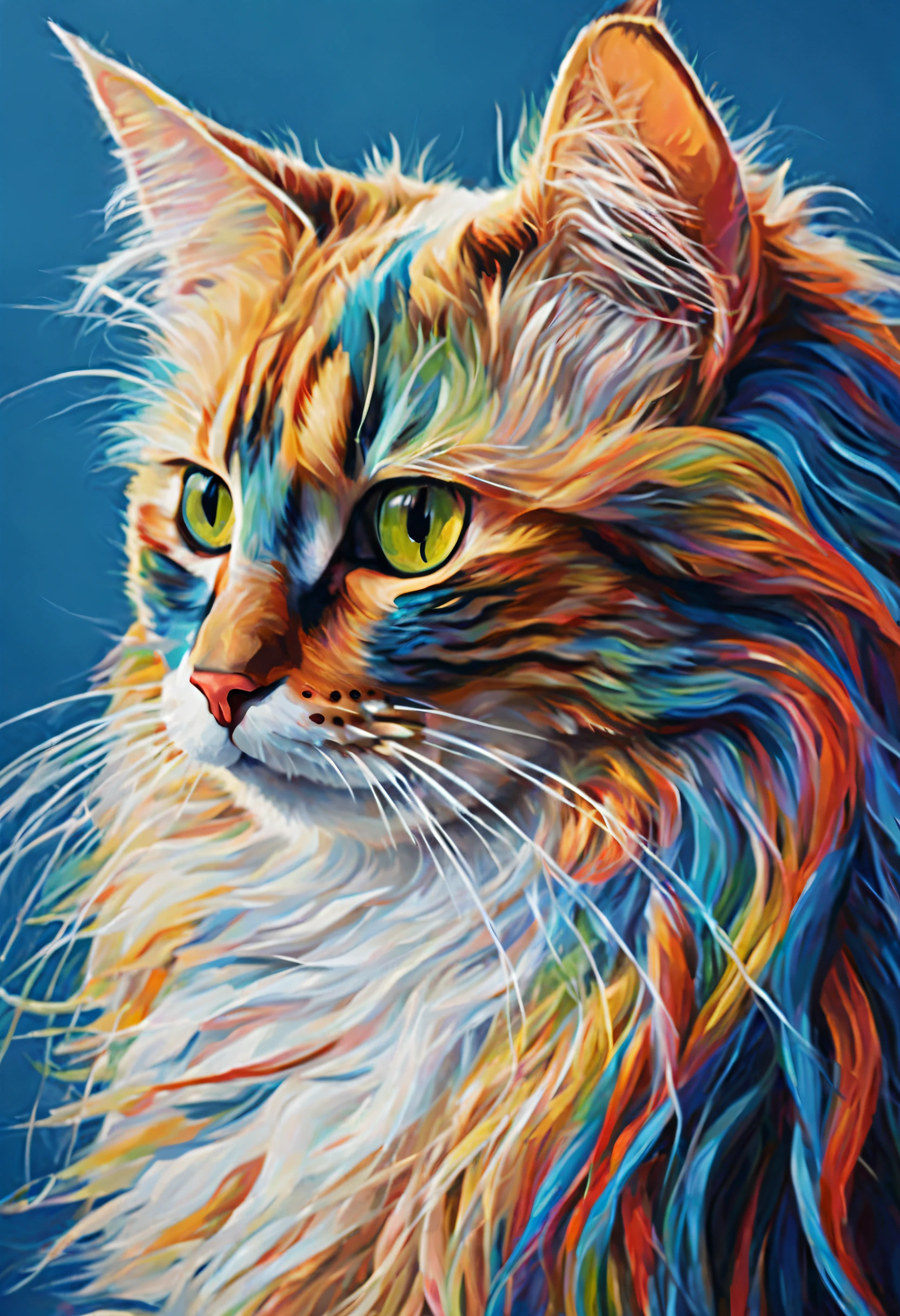 String art, a close up of a cat with colorful hair on a blue background, a detailed painting by Tom Wänerstrand, flickr, furry art, a painting of a cat, cat detailed, cat. digital painting, full of colors and rich detail, painting of a cat, in a painting of a cat, beautiful cat, cat portrait, cat portrait painting, cat design