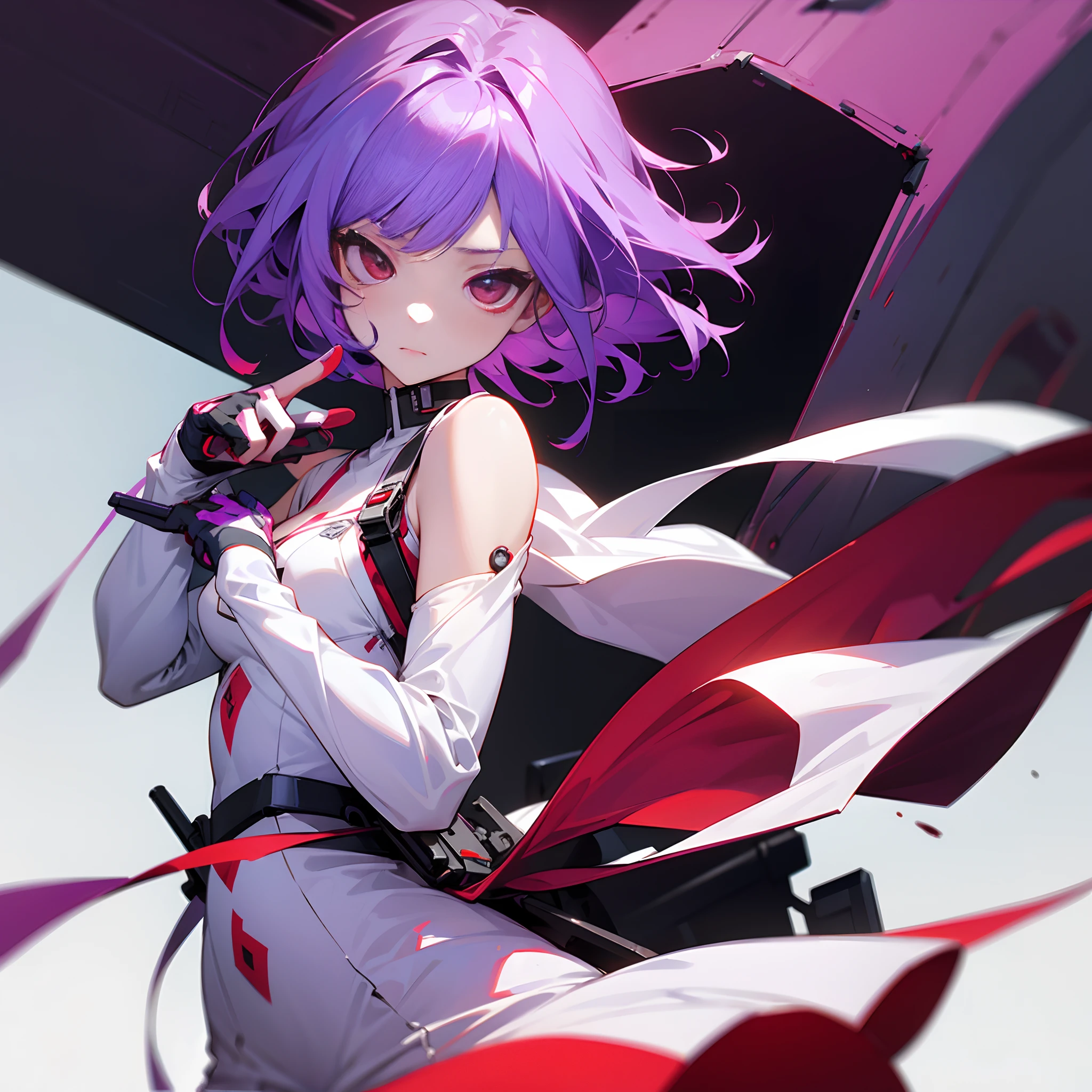 Purple colored hair，Blood-red eyes，teens girl，White mechanical dress，Teenage uncensored，hand gun，murderous