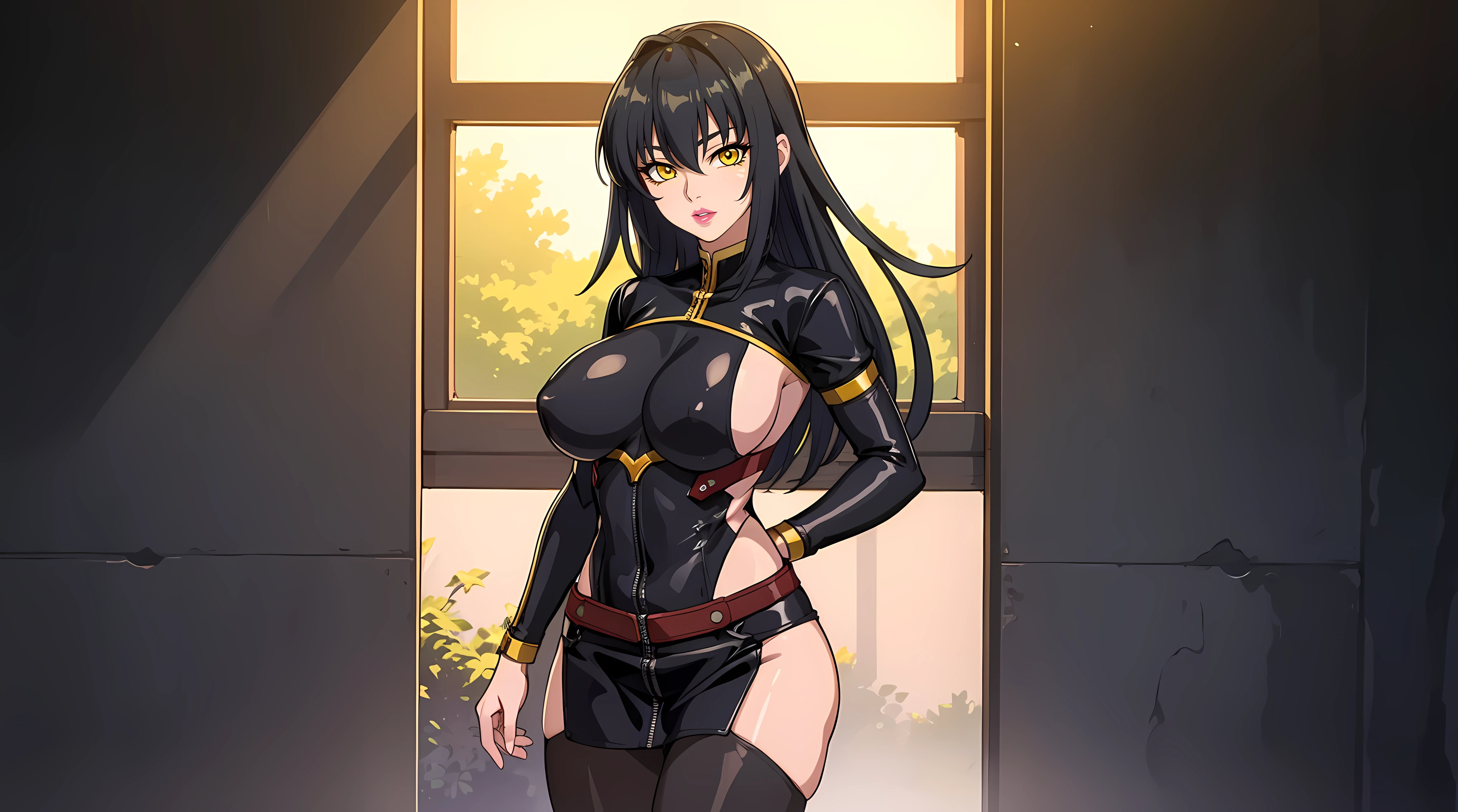 (masterpiece:1.4),(best quality:1.4), soft lighting, cinematic bloom, beautiful face, beautiful eyes, cowboy shot,
Annerose, 1girl, solo, female mature, black hair, long hair, (yellow eyes:1.4), large breasts, bodysuit, higheels, shiny clothes, skin tight, hair intakes, covered breasts, sideboob, exquisite eyes detail, exquisite character design unity details 8k hdr, professional art, landscape, (solo:1.5, cowboy shot:1.5), classroom, gorgeous body, milf, 35 years old girl