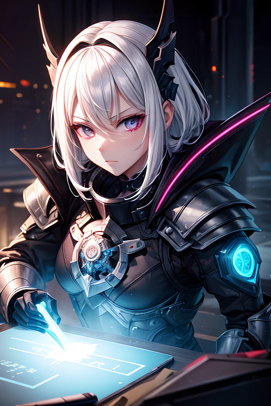 1Mann, Gesicht, White hair, Black Dragon Armor, Maske, Rote Augen, High Quality, super detailliert, Super Heilige Armor, Vorderseite, Helles Bild, Vorderseite, 4 Drachenflügel, mehr vorne, Black Armor, Roter-Kupfer Verzierung, Cyberpunk, Neon, Metallisch