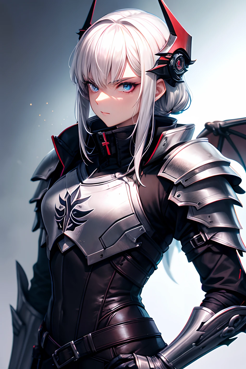 1Mann, Gesicht, White hair, Black Dragon Armor, Maske, Rote Augen, High Quality, super detailliert, Super Heilige Armor, Vorderseite, Helles Bild, Vorderseite, 4 Drachenflügel, mehr vorne, Black Armor, Roter-Kupfer Verzierung, Cyberpunk, Neon, Metallisch