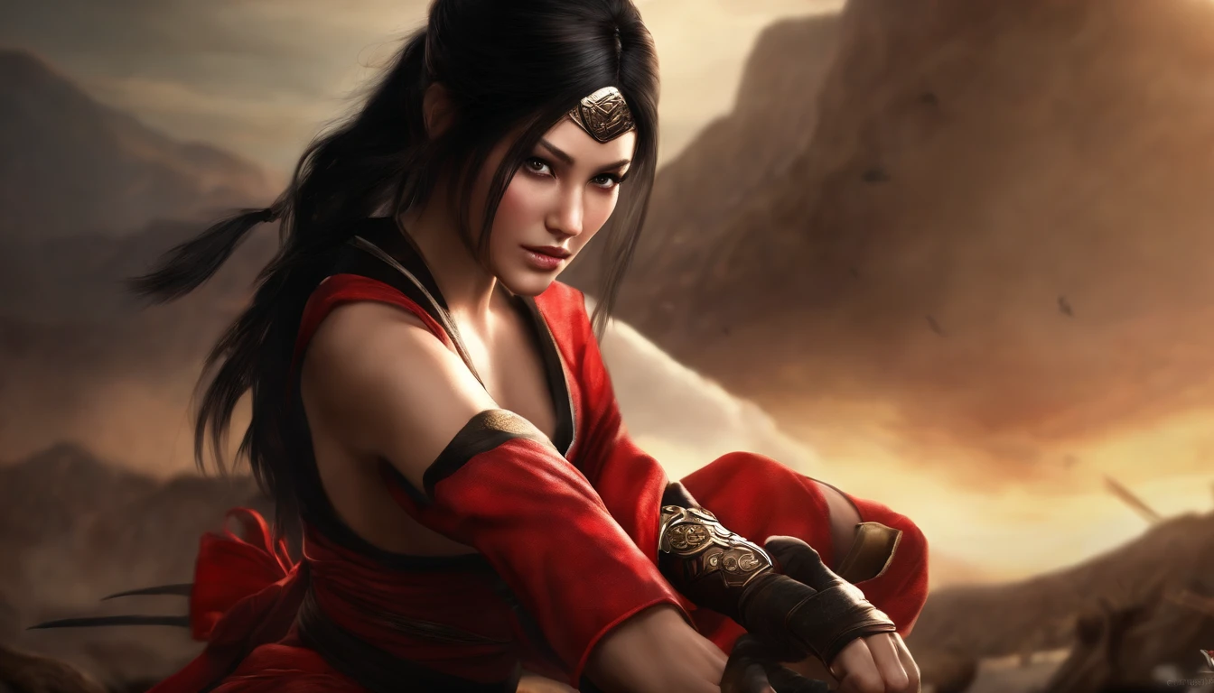 realistic, 1girl, high quality fingers, normal hands, detailed fingers, masterpiece, (realistic, photo-realistic: 1.37), realistic, 1girl, long hair:1.5, black hair:1.2, red eyes:1.5, bright eyes, mortal kombat, ninja, blood, scar, weapons, kimono, dress, mortal kombat suit, large breasts, fighting pose, serene look, temple, meditation, injuries, ninja mask, cover half of face, (sweat: 1)