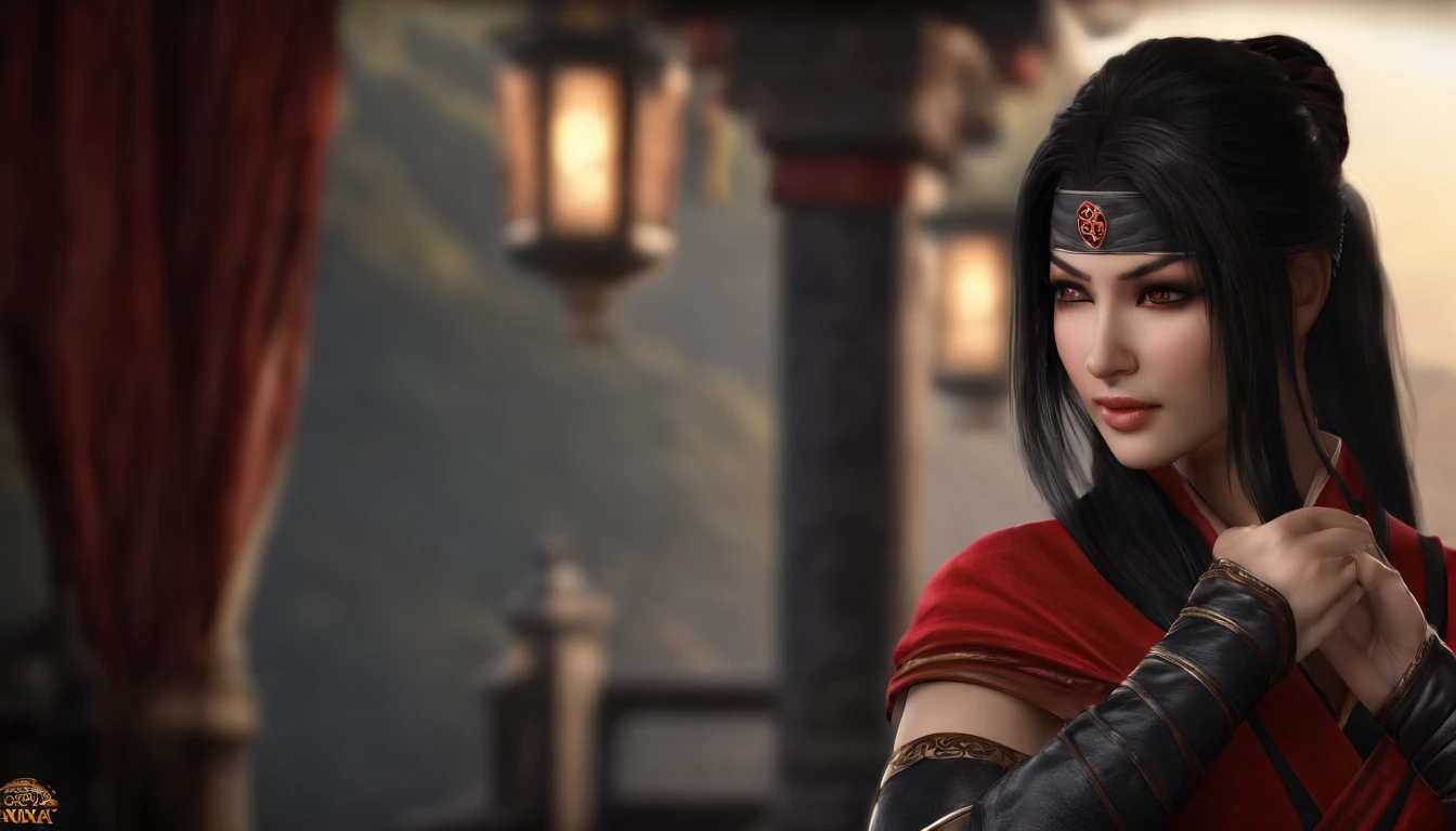 realistic, 1girl, high quality fingers, normal hands, detailed fingers, masterpiece, (realistic, photo-realistic: 1.37), realistic, 1girl, long hair:1.5, black hair:1.2, red eyes:1.5, bright eyes, mortal kombat, ninja, blood, scar, weapons, kimono, dress, mortal kombat suit, large breasts, fighting pose, serene look, temple, meditation, injuries, ninja mask, cover half of face, (sweat: 1)