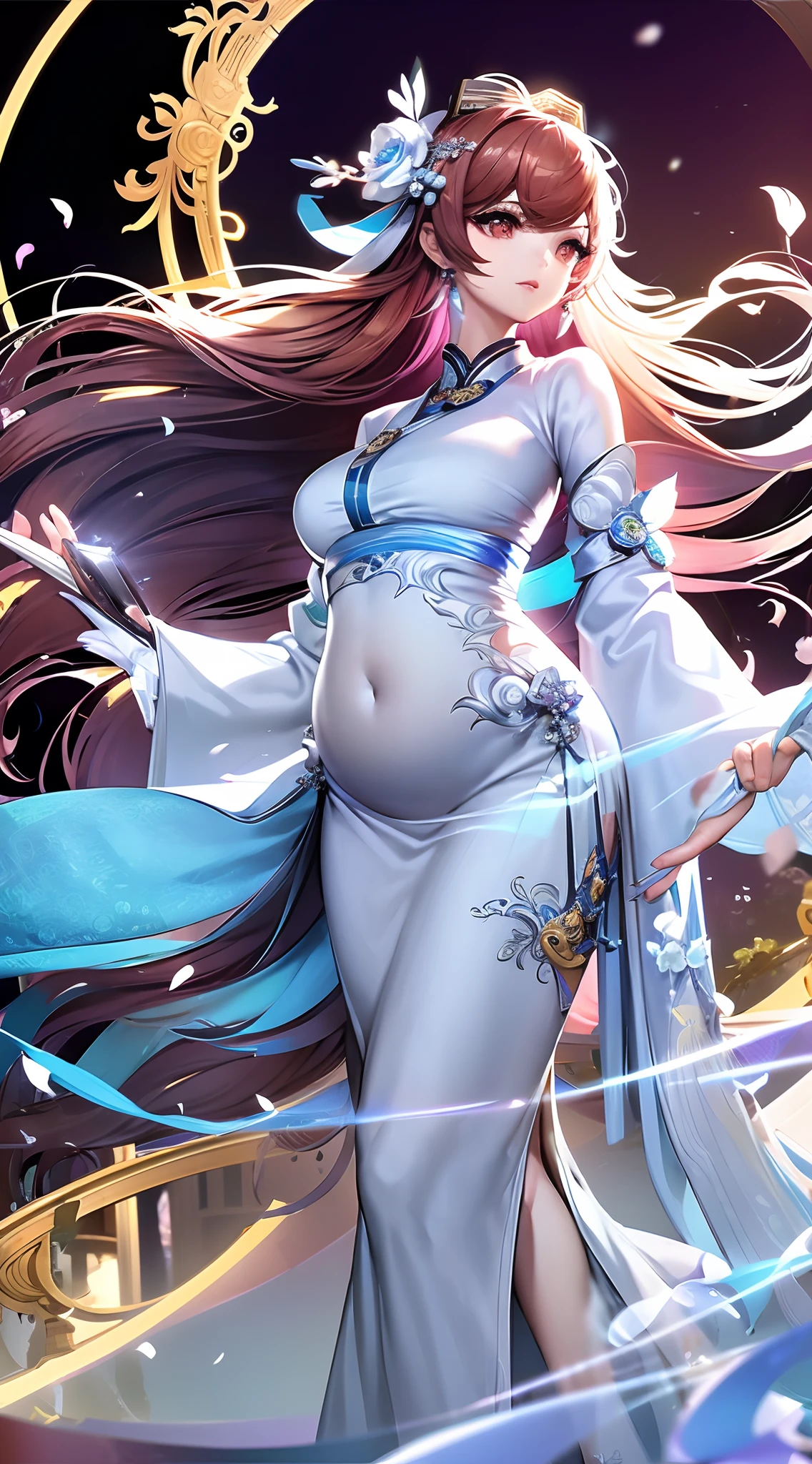 tmasterpiece，Light blue beauty with long hair，Beautiful，Intricate and gorgeous hair accessories，Wear a beautiful and gorgeous Hanfu，Gold eyes，long eyelasher，high light，withered petals，big breasts beautiful，big breasts enchanting，Impeccable，Ultra-clear，k hd，Pregnant belly，Pregnant belly