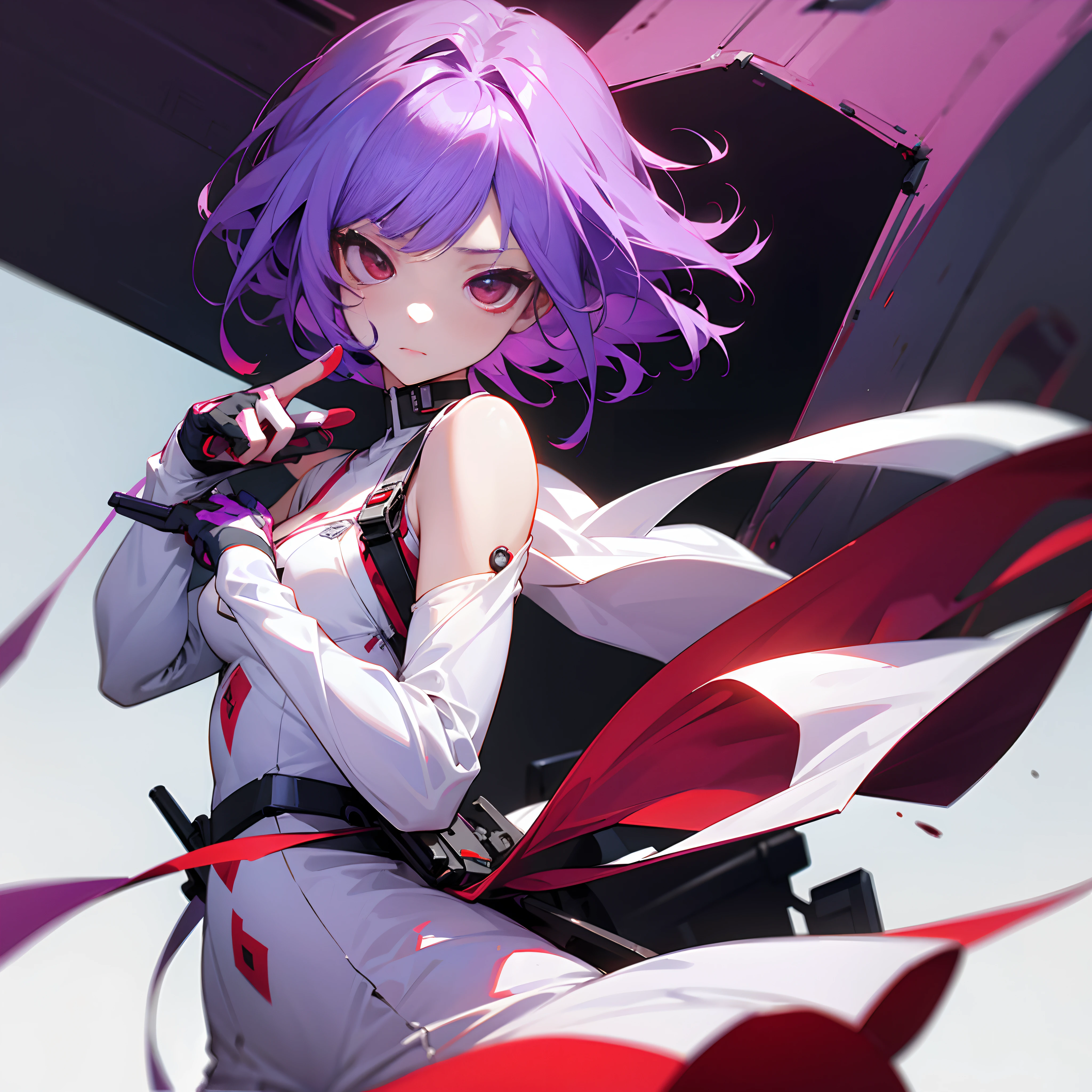 Purple colored hair,Blood-red eyes,teens girl,White mechanical dress,Teenage uncensored,hand gun,murderous