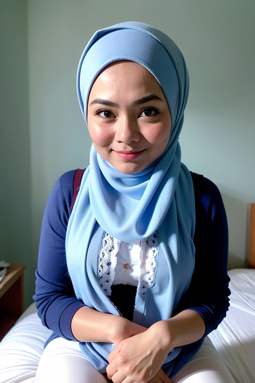 1 malay girl , modern pom-pom hijab, shy, medium portrait shot , watery eyes , blue glowing particles, wear white leggings and red lace bra, blue bedroom background, bright front light,