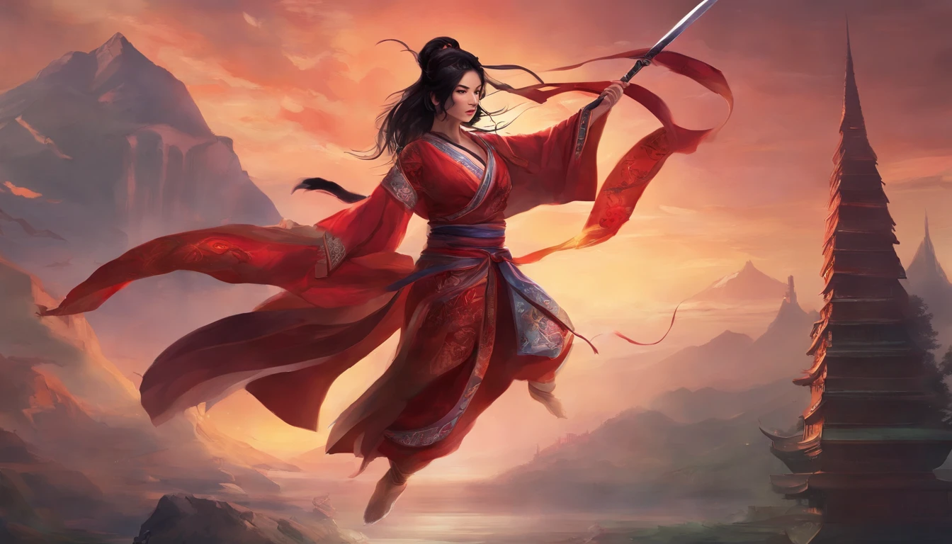 realistic, 1girl, high quality fingers, normal hands, detailed fingers, masterpiece, (realistic, photo-realistic: 1.37), realistic, 1girl, long hair:1.5, black hair:1.2, red eyes:1.5, bright eyes, mortal kombat, ninja, blood, scar, weapons, kimono, dress, mortal kombat suit, large breasts, fighting pose, serene look, temple, meditation, injuries, ninja mask, cover half of face, (sweat:  1)