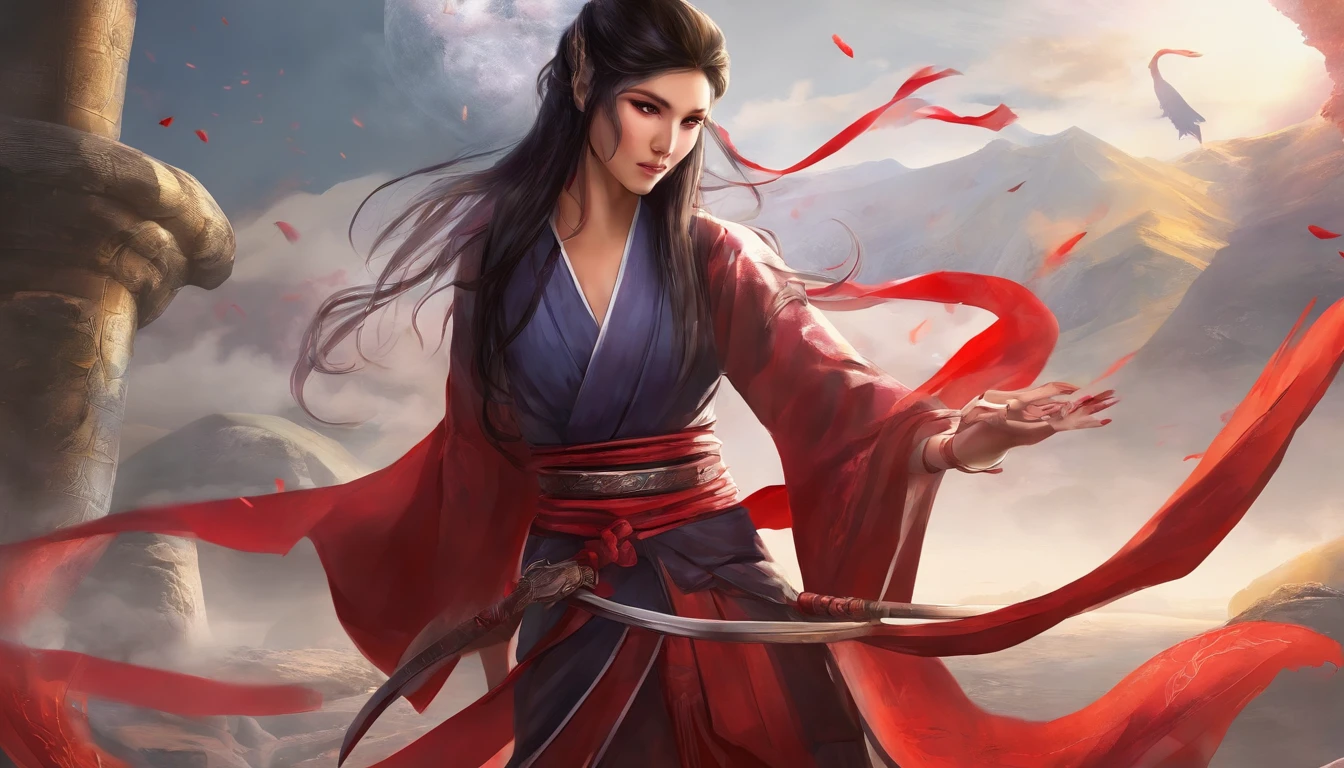 realistic, 1girl, high quality fingers, normal hands, detailed fingers, masterpiece, (realistic, photo-realistic: 1.37), realistic, 1girl, long hair:1.5, black hair:1.2, red eyes:1.5, bright eyes, mortal kombat, ninja, blood, scar, weapons, kimono, dress, mortal kombat suit, large breasts, fighting pose, serene look, temple, meditation, injuries, ninja mask, cover half of face, (sweat:  1)