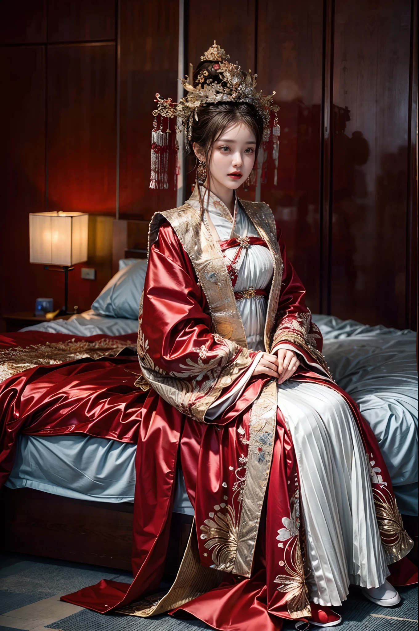 （Ultra-realistic 8K CG：1.2），Perfect artwork，delicate patterns，Complicated details，Heavy makeup，（Unbeatable masterpiece，Best quality at best：1.2），（extremly intricate：1.2），A woman in a red and gold dress，（Bare legs），Sexual temptation，Teasing expressions，Lift up your skirt，Sleeping on the Bed，Phoenix crown，hair stick，（sitting on red bed），cosmetics，Be red in the face，is shy，black_Hair，looking-down，cosmetics，（forehead dot），（2 red candles），Chinese_clothes，窗帘，耳Nipple Ring，Hair_decorations，Hanfu，inside in room， jewely，rednails，Long_Sleeves，reddress，Redlip，nipple tassels，（Red quilt），（red palace：1.2），（Chinese Ancient Architecture），（rot：1.8），natta