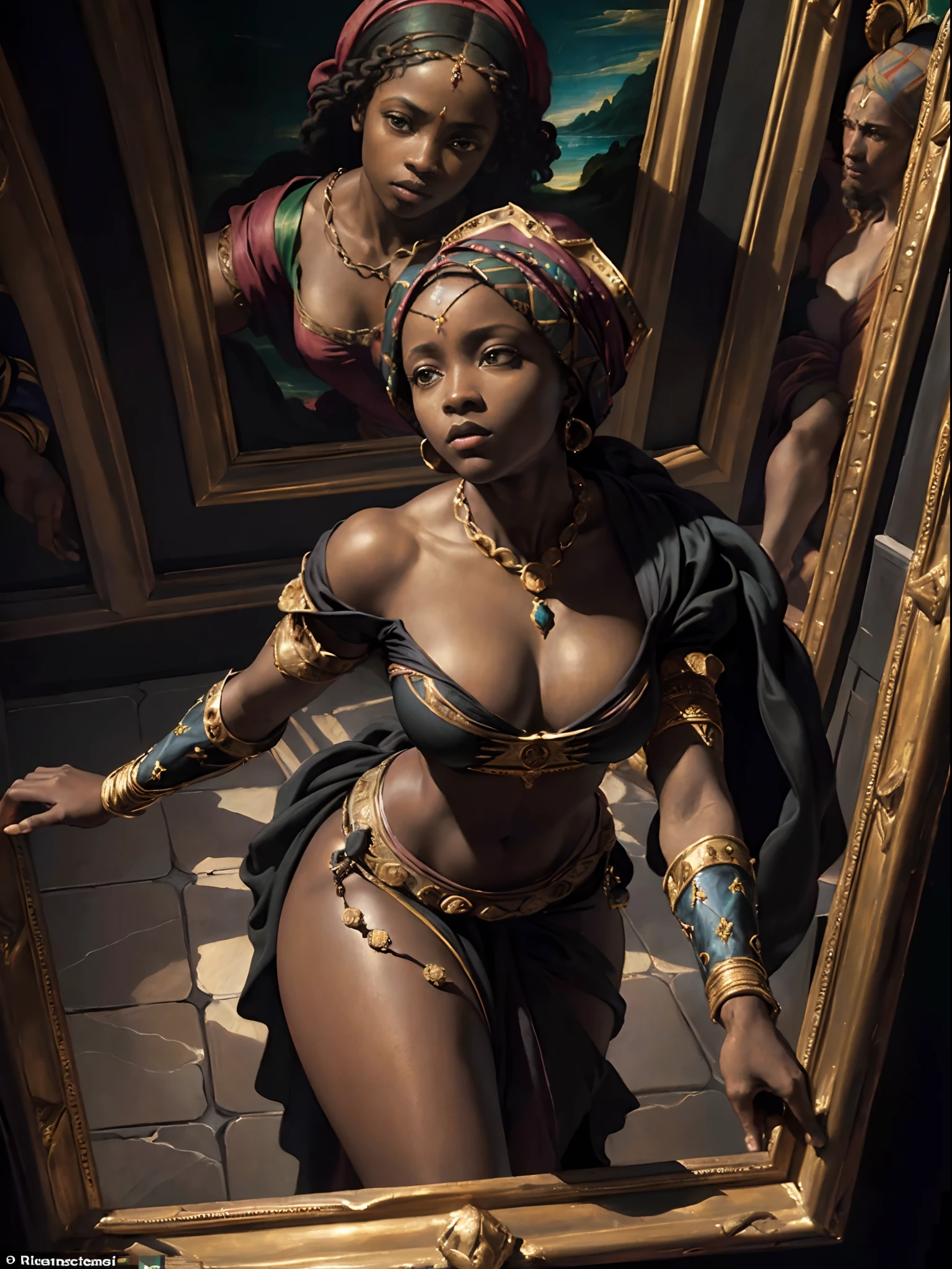 (Renaissance painting of a beautiful african black woman:1.3), best quality, masterpiece, expressive, thrilling, 256k, posing, reaching up, (from above), epic, crepuscular lights, (by Michelangelo, by Rafael, by Rubens:1.2), dynamic lighting, best quality, masterpiece, (best hands)