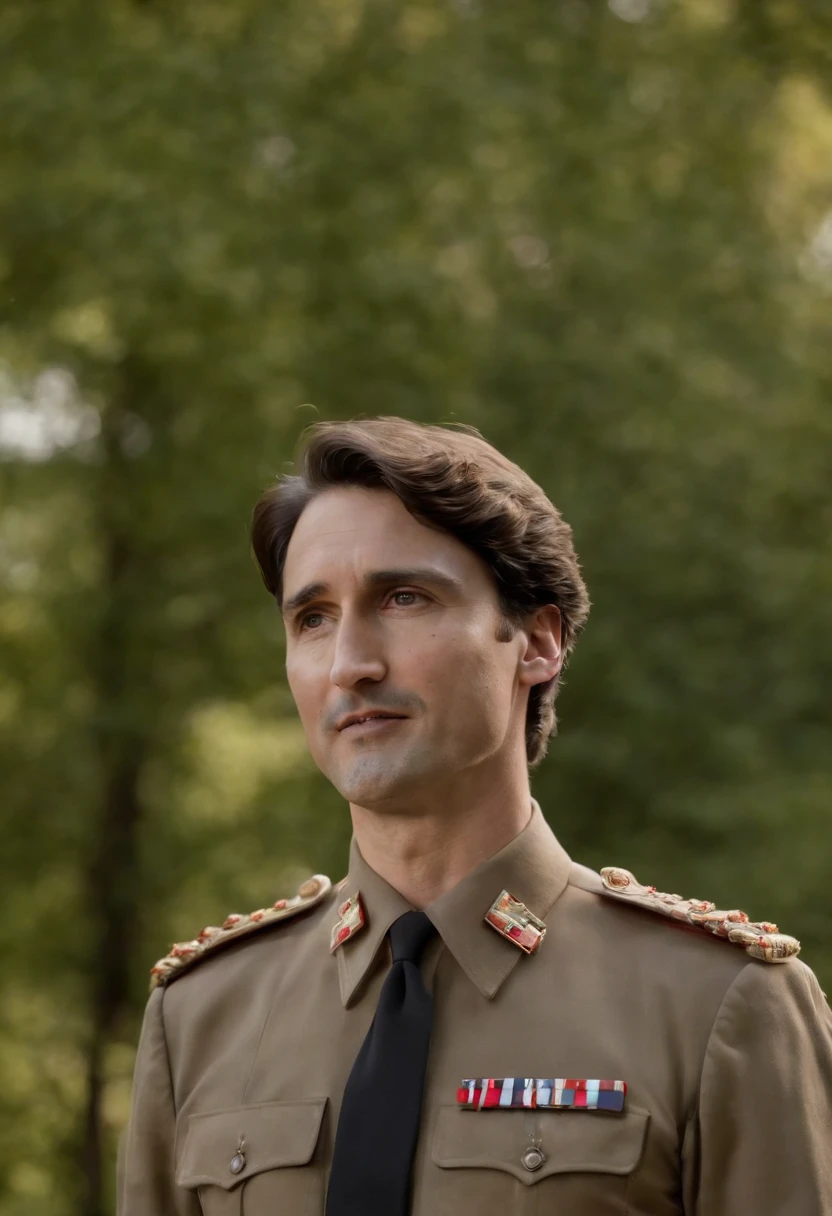 Justin Trudeau standing infront of a  podium wearing an SS soldier uniform with swastikas, with his arm straight up in the air, saying "hail Hitler"