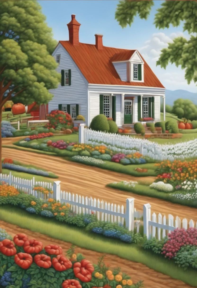colorfully colored coloring page of a farm scene with a white house rural splendor, bucolic, whimsical art, countryside, on a farm, mixed art, naive art, american scene, folk art, in the countryside, summer afternoon, magical scene by artist john sloane