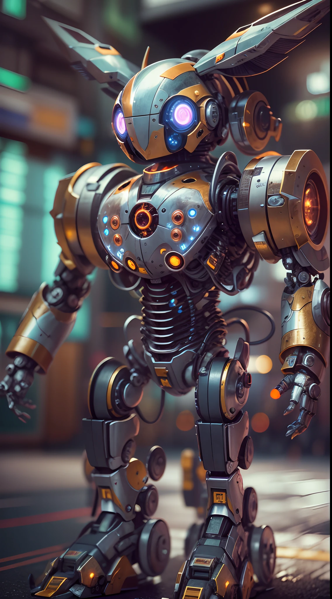 Topic prompts "Atomic heart, robot，Wings,Rabbit ears"，The center of the picture,frontage，Shiny metal skin,Mechanical body parts,Mechanical limb,[Meticulous, Surgical precision],nigth,which stands on the street,Science fiction art style,Vibrant colors,High-res,Ultra-detailed,Realistic lighting effects,Bokeh.