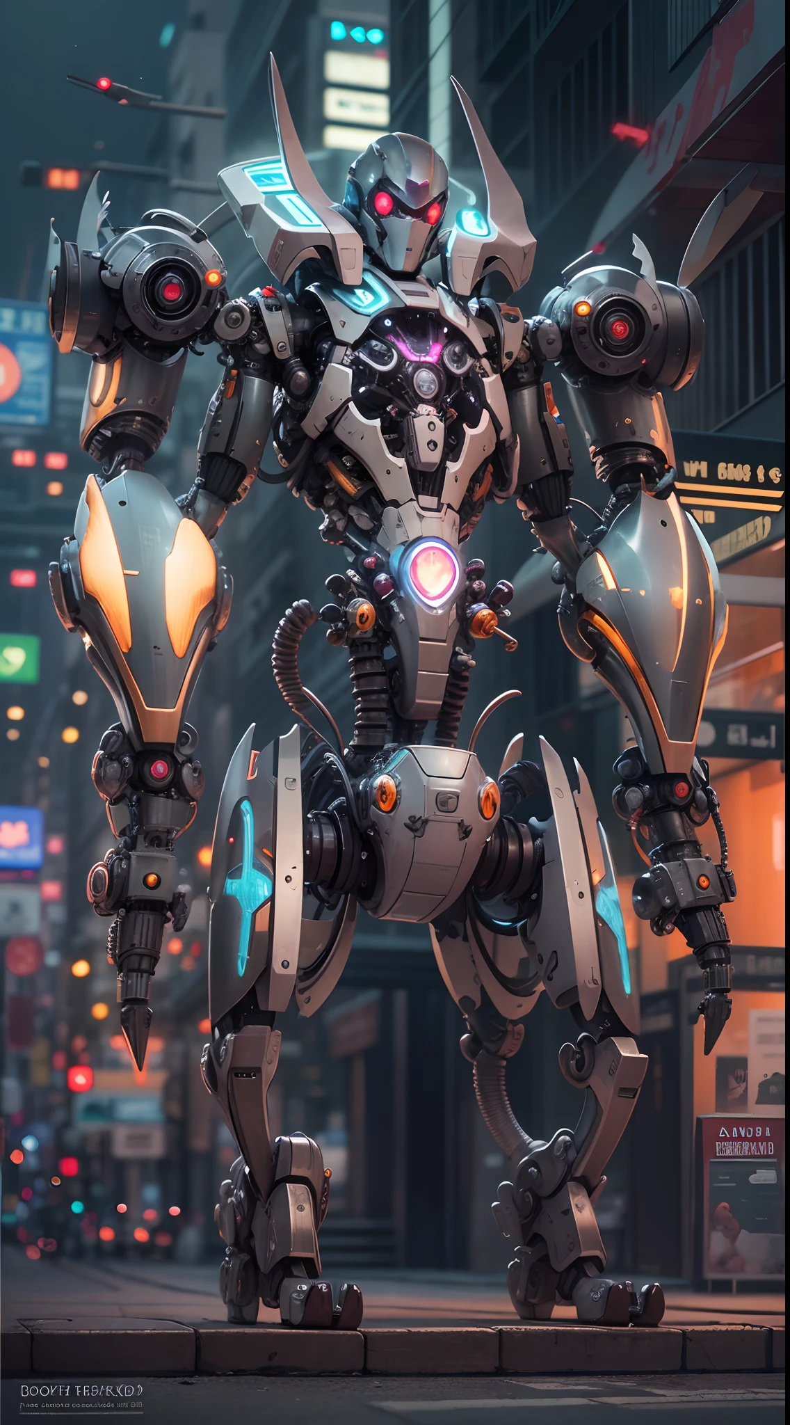 Topic prompts "Atomic heart, robot，Wings,Rabbit ears"，The center of the picture,frontage，Shiny metal skin,Mechanical body parts,Mechanical limb,[Meticulous, Surgical precision],nigth,which stands on the street,Science fiction art style,Vibrant colors,High-res,Ultra-detailed,Realistic lighting effects,Bokeh.