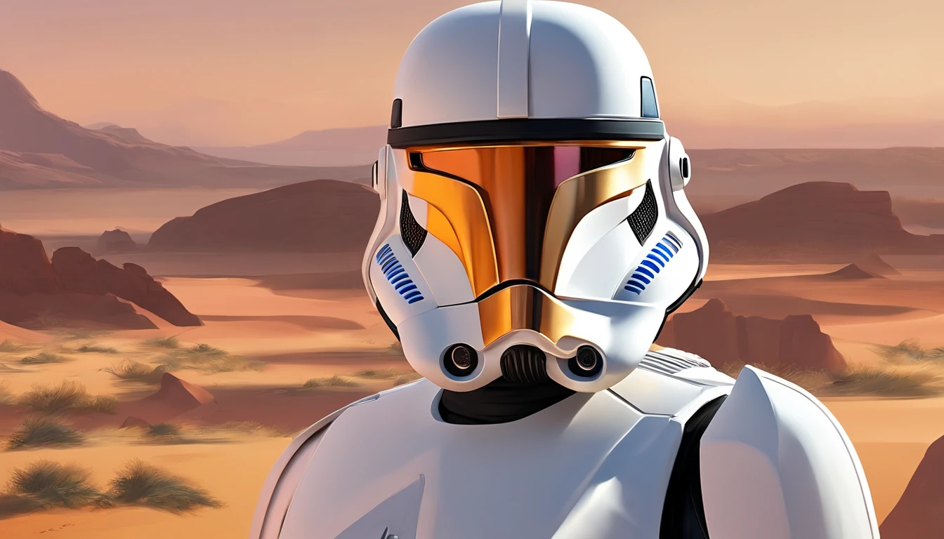 Close-up of a Imperial stormtrooper, outstretched hand, against the backdrop of the desert,  based on concept art by Magalie Villeneuve, trending on cg society, AB """Star Wars"": The Old Republic", influenced by Ralph McQuarrie's concept art. The stormtrooper has a strong and confident expression on his face, emphasizing detailed facial features, such as beautiful detailed eyes, detailed lips, and extremely detailed eyes and face. She is dressed in the traditional white armor of a stormtrooper, With a sleek and futuristic design. Combining illustration elements, 3D Rendering, and photography, The result is a visually stunning and immersive piece. The colors and lighting are bright and dynamic, Enhancing the overall atmosphere of the artwork. Image quality is paramount, With the best quality, 4K or 8K resolution, hight resolution, And a masterpiece:1.2, which makes it a true masterpiece in terms of quality and detail.