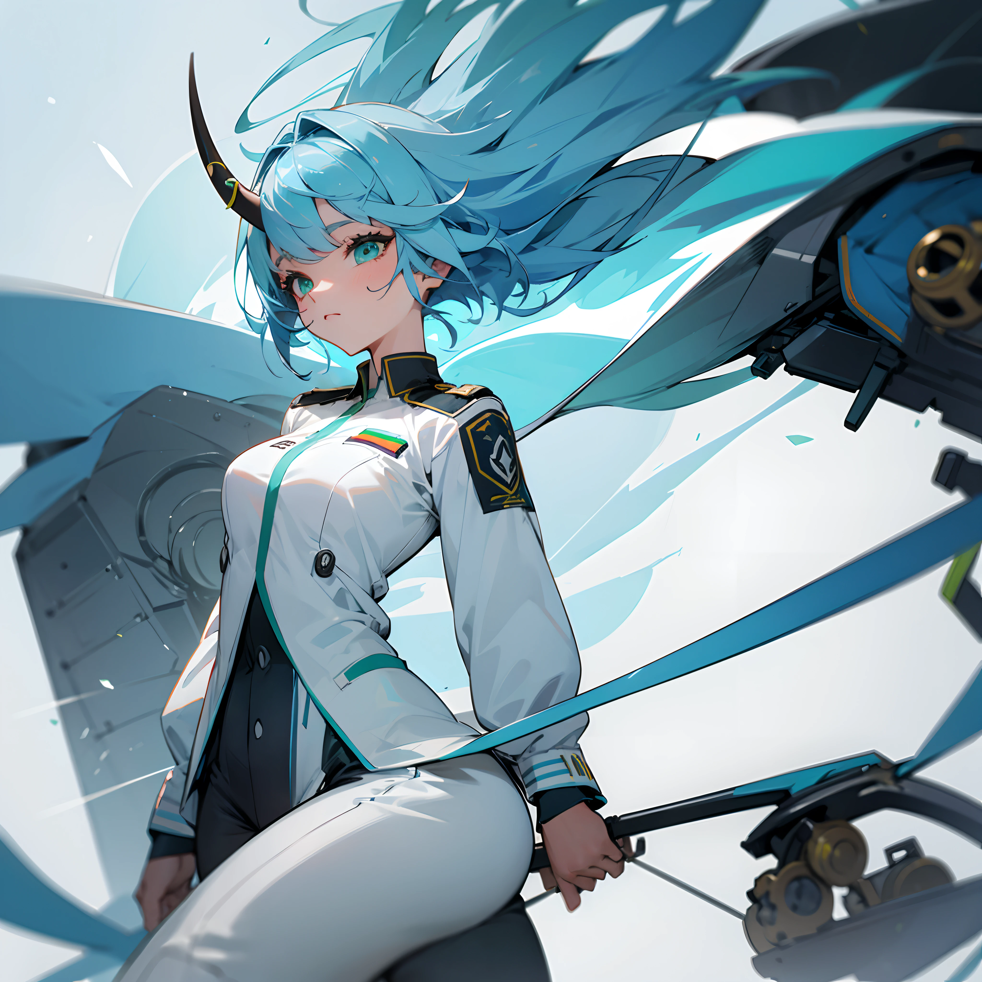 lightblue hair,grown woman,Green eyes,White combat uniform,Colombian style,One horn,mechanical sense
