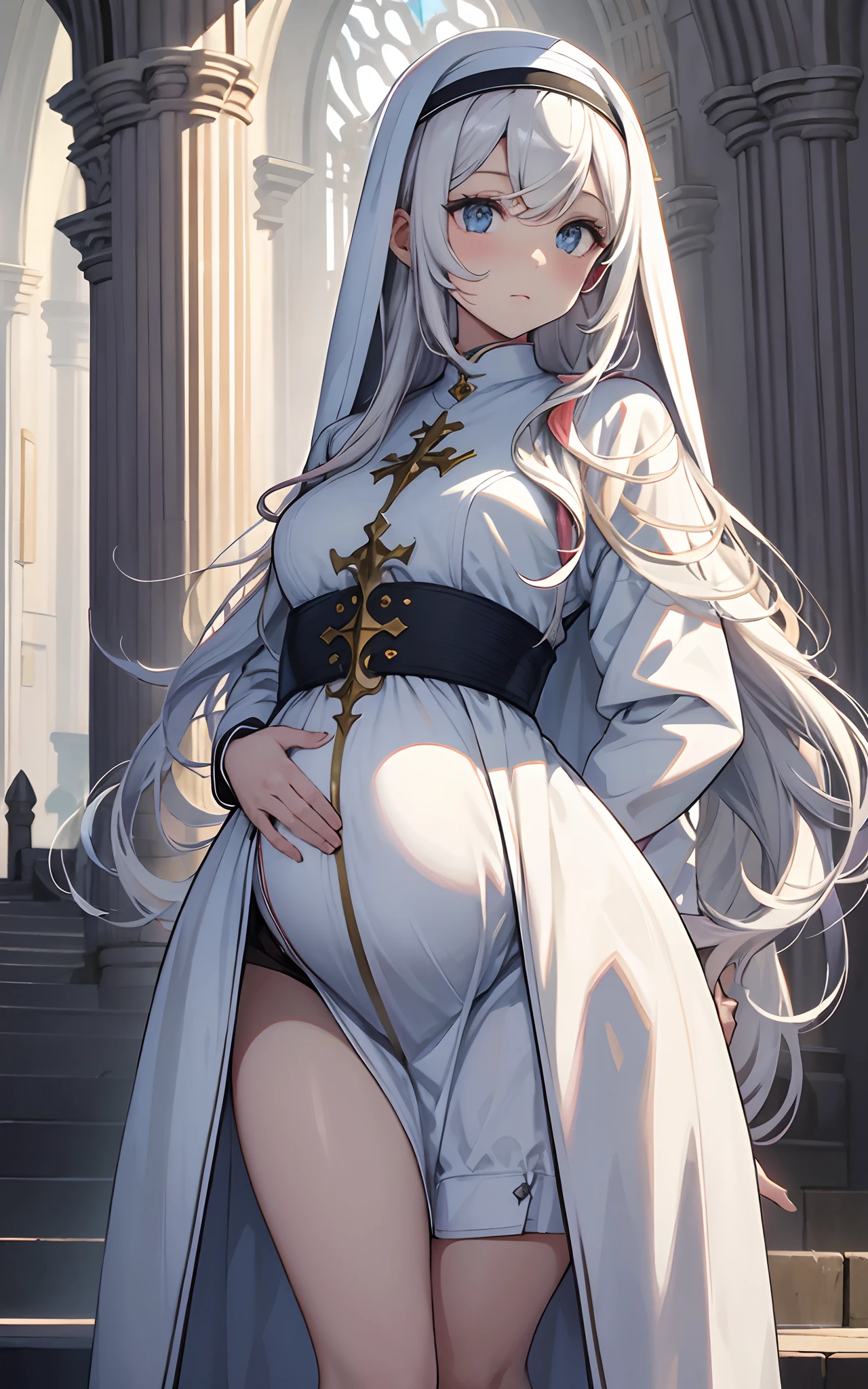 best qualityer,tmasterpiece,Ultimate resolution,downy,Extremely colorful,Colorful,saintess,silver-white long hair,curlies,a matural female,Crop topping,White nun dress,The kinky is exposed,cathedrals,Sanctuary,Normal posture,pregnant belly,Pregnant belly