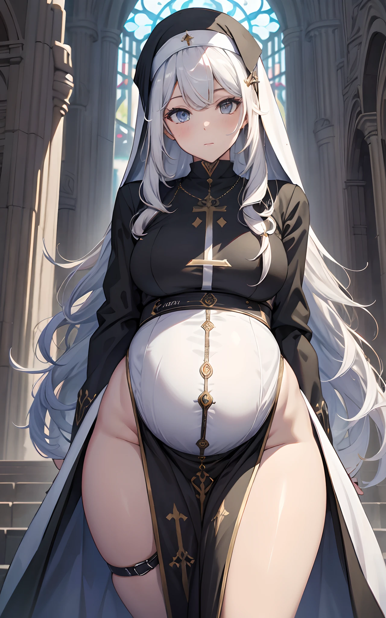 best qualityer,tmasterpiece,Ultimate resolution,downy,Extremely colorful,Colorful,saintess,silver-white long hair,curlies,a matural female,Crop topping,White nun dress,The kinky is exposed,cathedrals,Sanctuary,Normal posture,pregnant belly,Pregnant belly