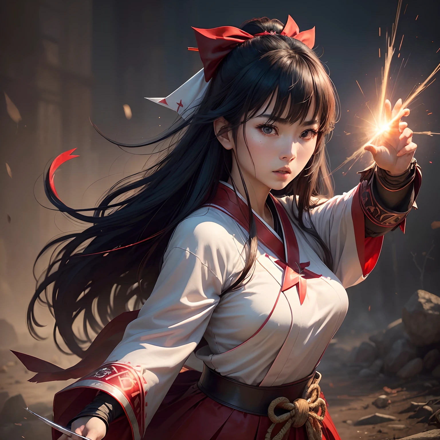 (Best Quality,Ultra-detailed,Realistic:1.37)、Japan priestess attacks with thunderbolts、An 18-year-old woman、(Sharp eyes:1.5)、Aggressive look、Dark hair、Red ribbons、Stylish priestess costume、Red Hakama、Unleash lightning from the palm of your hand、Pentagram、Full body