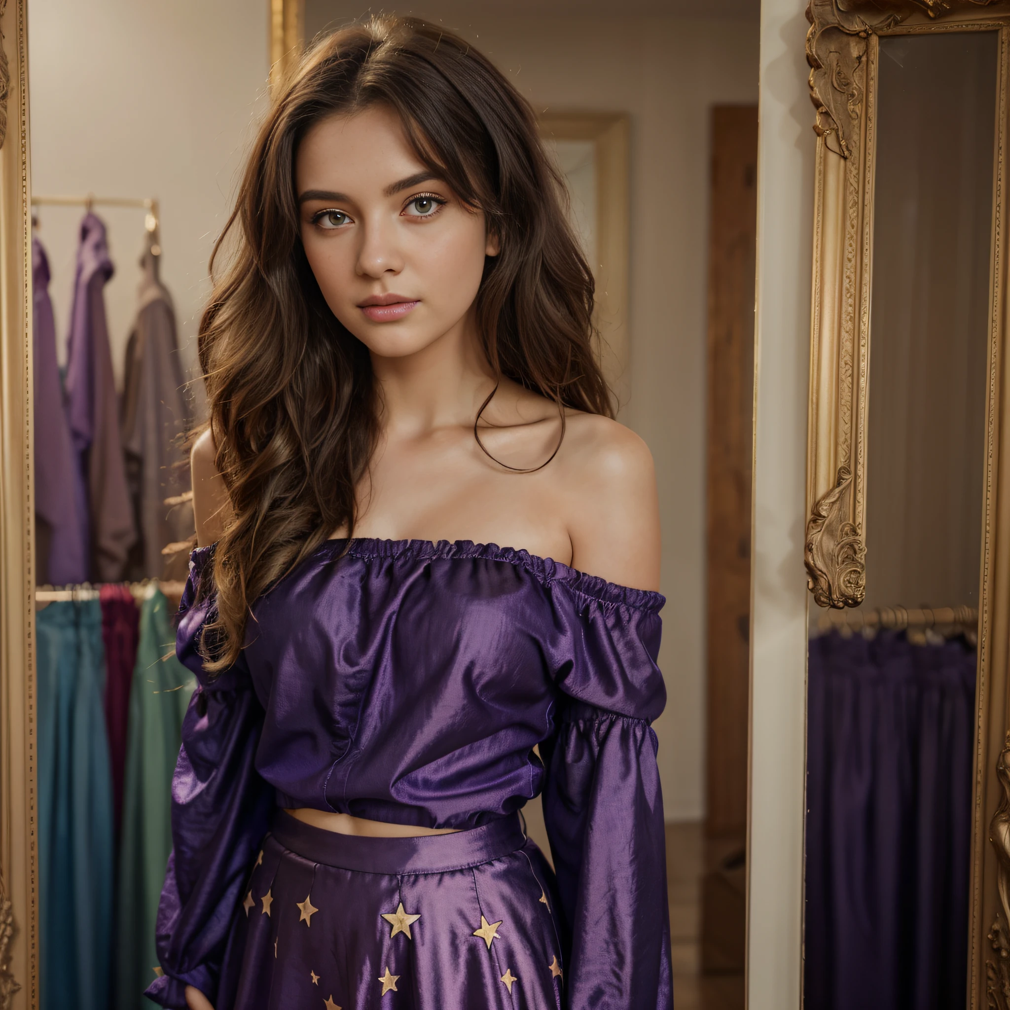 A girl with curly hair and long hair stands in a detailed background. She has beautiful purple eyes with a star, der in einem ihrer Augen leuchtet. She wears an off-the-shoulder blouse and a long skirt. The picture is created in an oil painting style with bright colors and a soft lighting effect. (best quality, Meisterwerk:1.2)