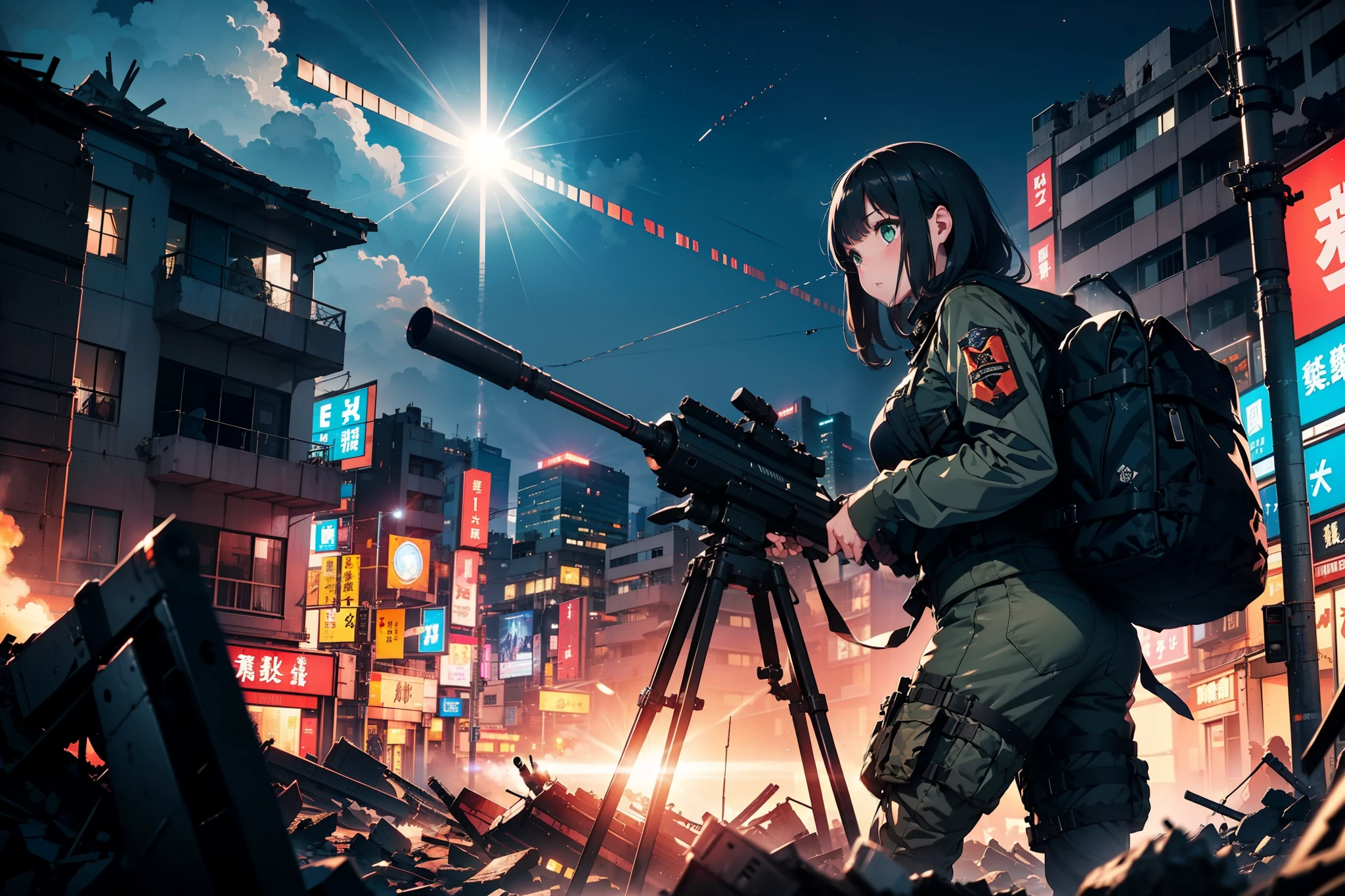 (One girl soldier sniping a giant military robot with a Lahti L-39 anti-tank gun)、long eyelasher,Blushlush,((​masterpiece、top-quality、extremely details CG、16 K、Cinematographic lighting、lensflare))、Black combat uniform、Wide View、thick body、 Photorealsitic:1.4、long Brond Hair、green colored eyes、Have multiple weapons、Precision 1.Aim 4、Lahti L-39 anti-tank gun、direct light、Photographing rubble with a depth of field of 35 mm、F/1.Night footage with 8 lens flares、((Shinjuku at night where five special forces SWAT fight))、(Sniping with anti-tank rifles)、From Side、nffsw、Hyper Detailed、The wreckage of a giant robot、(wide-angle lens)、What I see