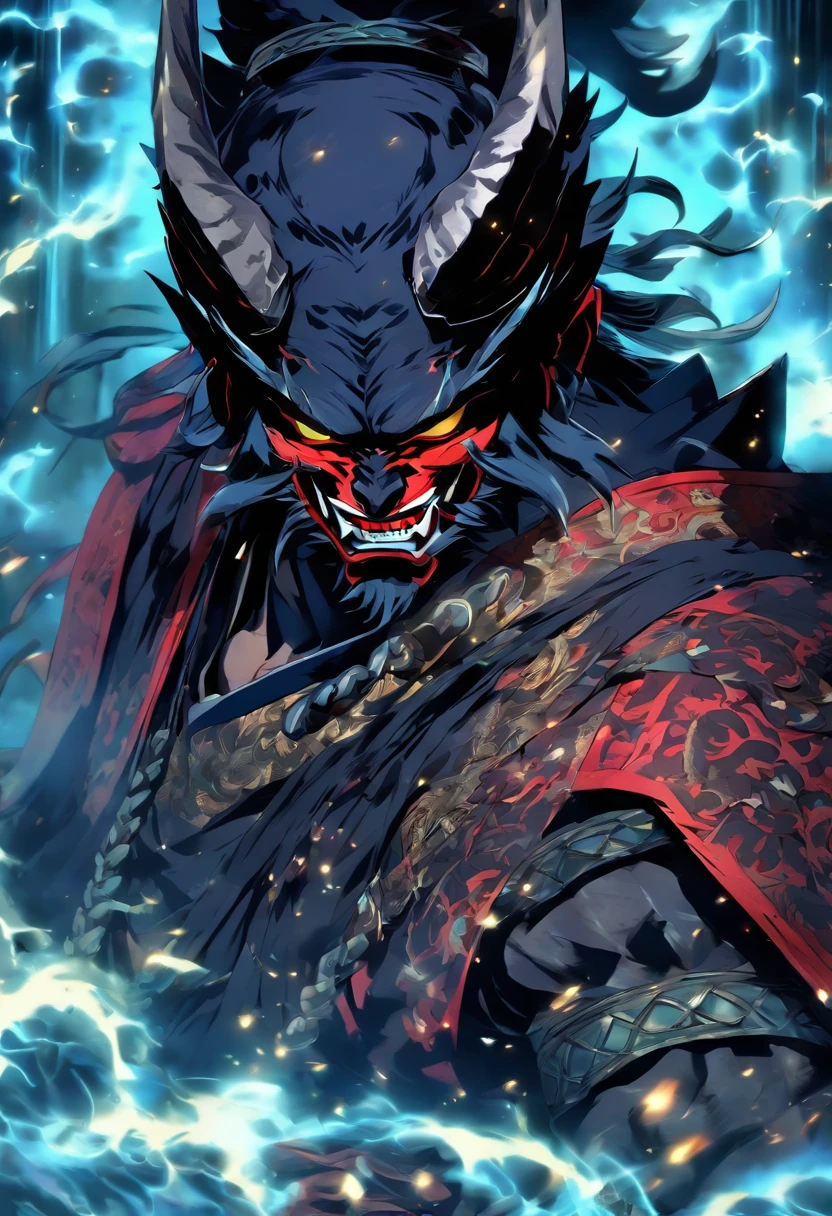 In the depths of a moonlit abyss, a fearsome figure emerges from the shadows. Meet the Shadow Shogun Demon, an embodiment of darkness and eternal strife. Clad in impenetrable armor, crafted from the essence of midnight, every piece whispers of power and mystique. A sleek, obsidian helmet conceals his face, leaving only the glint of his piercing, coal-black eyes visible, radiating an alluring malevolence. His most striking feature, however, lies in his noir black Oni mask. Carved with meticulous precision, the mask morphs into a twisted, sinister grin, captivating both awe and terror. With a battle stance that exudes confidence, the Shadow Shogun Demon stands poised to strike, his ebony sword glistening ominously in the moon's faint glow. Shadows swirl and writhe around him, as if they are extensions of his very existence. The air crackles with suppressed energy, eager to be unleashed upon any who dare challenge this enigmatic being. Will you stand against the shadow, or be consumed by its darkness?