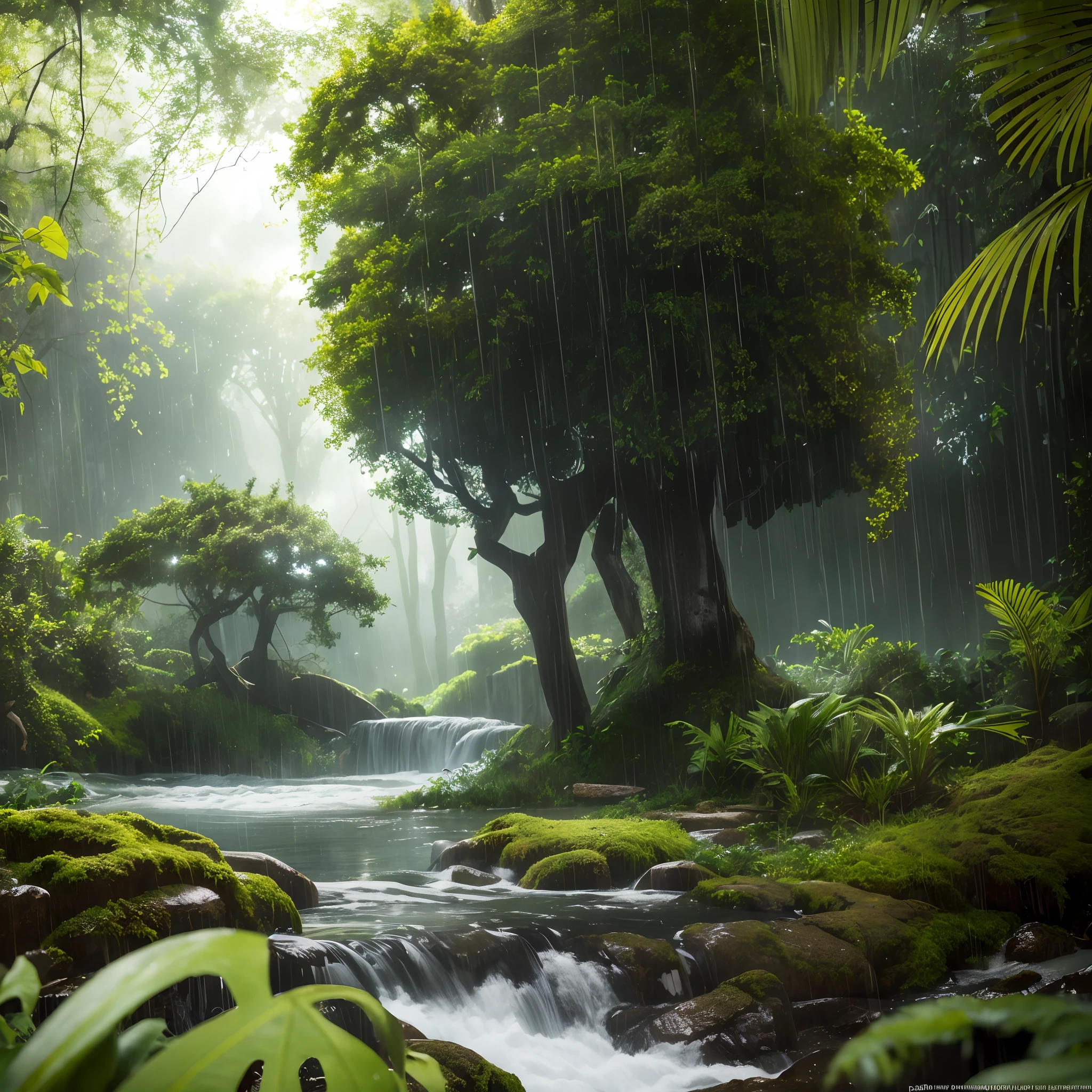 A jungle, with intense rainfall, monochromatic, vines all around, giant and wet trees, masterpiece, best quality, high quality, extremely detailed CG unity 8k wallpaper, oil paiting, award winning photography, Bokeh, Depth of Field, HDR, bloom, Chromatic Aberration ,Photorealistic,extremely detailed, trending on artstation, trending on CGsociety, Intricate, High Detail, dramatic, art by midjourney, volumetric lighting