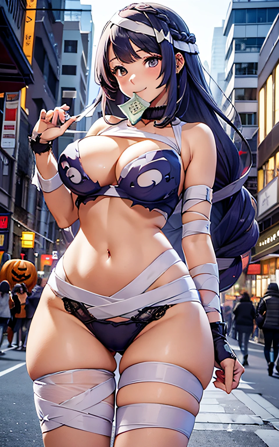 16K Best Quality, of the highest quality, super detailed, masutepiece, mummy costume, Bewitching smile、condom in mouth、Arm bandage, chest bandage, Bandage on the buttocks,Condoms are wrapped around after use.、Bandage condom thigh bandage,Beautiful woman with long blue hair, She has a big braid in her hair. Red Eyes, ultra gigantic tits, Super big ass, Big thighs, The background is the night sidewalk of the city crowded with Halloween parties