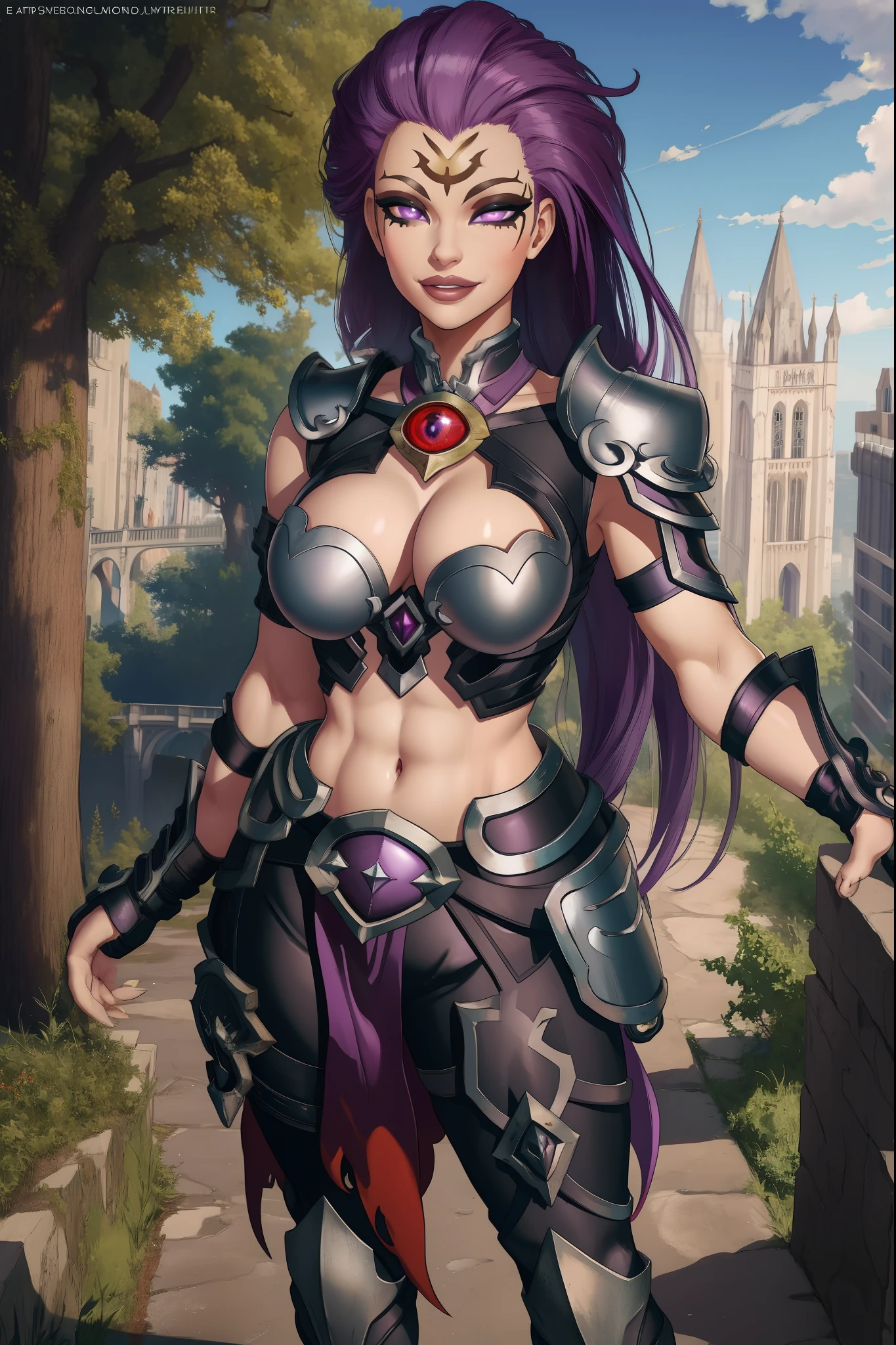 Fury, large purple hair, lips, no pupils, white eyes, forehead mark, close up, smile, midriff, cleavage, shoulder armor, breastplate, gauntlets, large trees, street, morning, destroyed london city in medieval age, (insanely detailed, beautiful detailed face, masterpiece, beautiful detailed eyes, best quality) full body, boots, standing