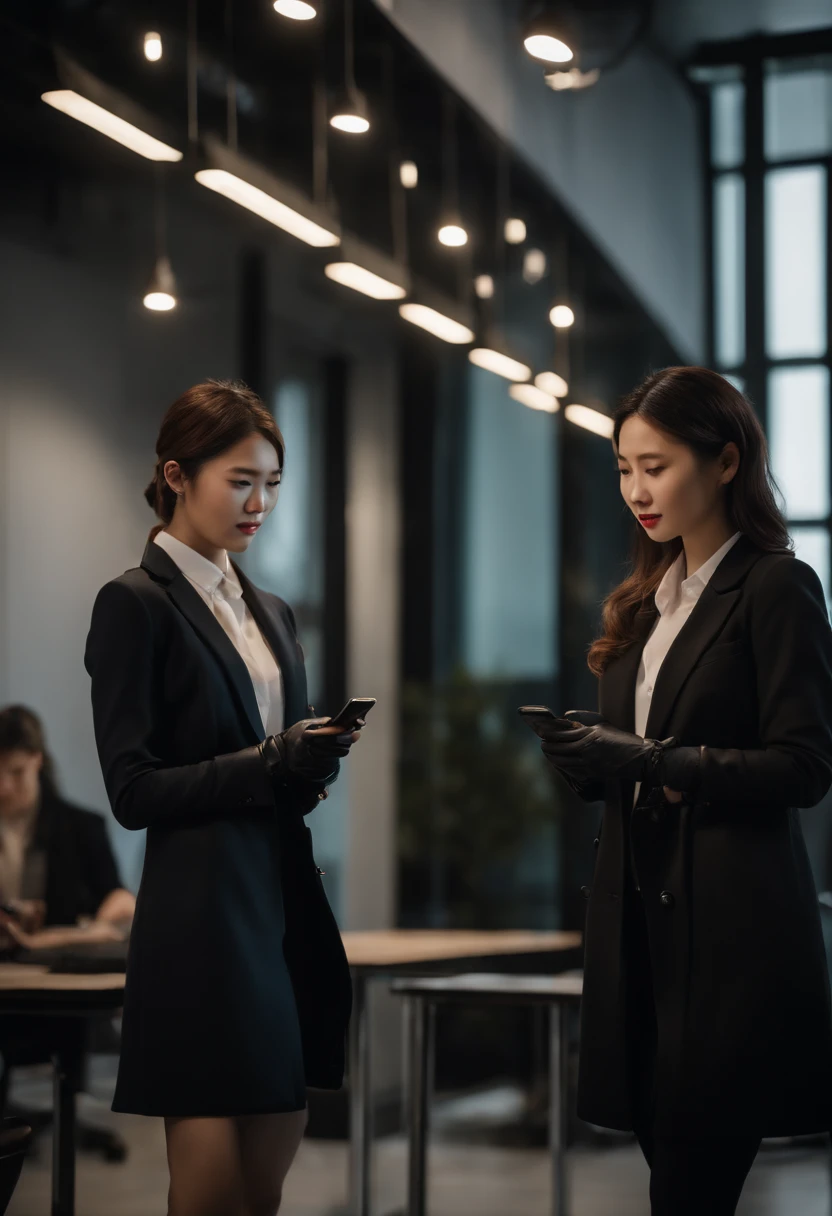 Two young Japanese women in suits, Black leather gloves, Stand with knee-high boots. They hold smartphones，What is being discussed. The environment is set in a modern office, It has a stylish and sophisticated atmosphere. Women have a clear difference in height, One is significantly taller than the other. The image quality is the best, It has ultra-delicate realism and bright colors. The lighting is perfectly balanced, Create a professional, sophisticated look.